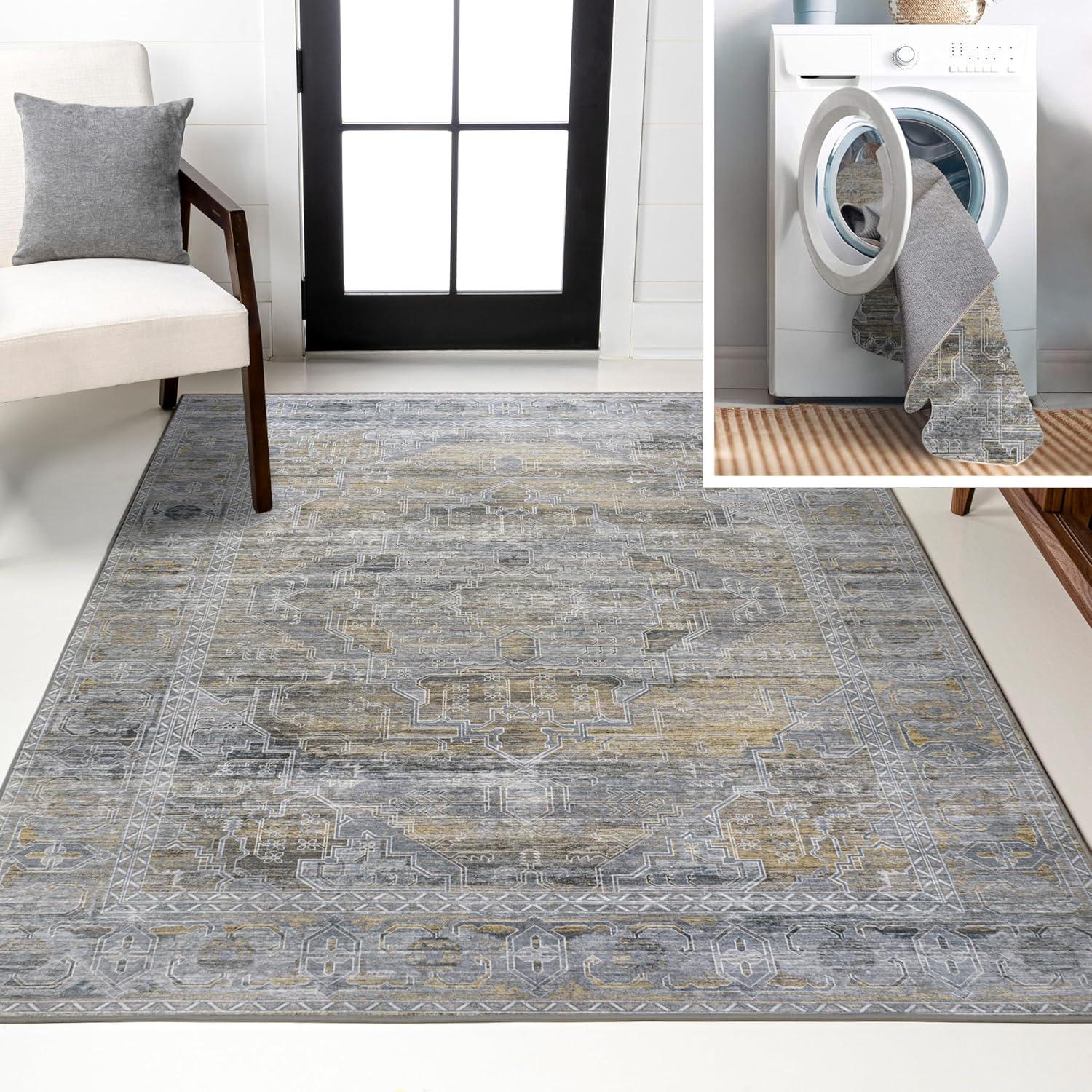 image:imageJONATHAN Y Machine Washable NavyCream Indoor Area Rug 5X8 ft Alanya Ornate Medallion for Living Room Bedroom Kitchen Office EasyCleaning High Traffic PetFriendly NonShedding WSH100A5AlanyagrayMustard