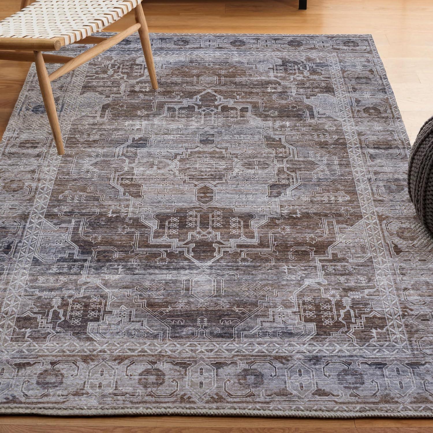 image:imageJONATHAN Y Machine Washable NavyCream Indoor Area Rug 5X8 ft Alanya Ornate Medallion for Living Room Bedroom Kitchen Office EasyCleaning High Traffic PetFriendly NonShedding WSH100A5AlanyabrownLight Gray