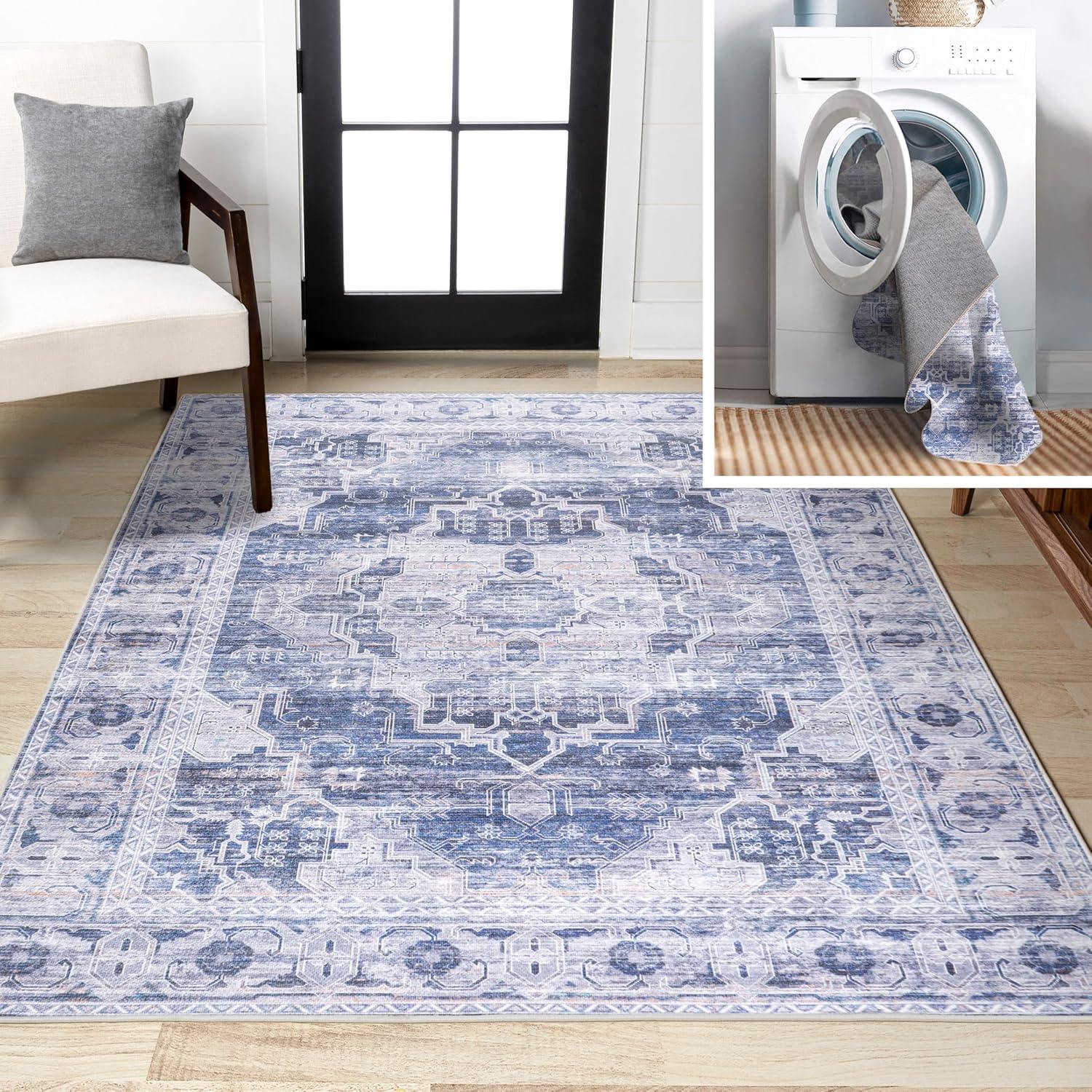 image:imageJONATHAN Y Machine Washable NavyCream Indoor Area Rug 5X8 ft Alanya Ornate Medallion for Living Room Bedroom Kitchen Office EasyCleaning High Traffic PetFriendly NonShedding WSH100A5AlanyanavyCream