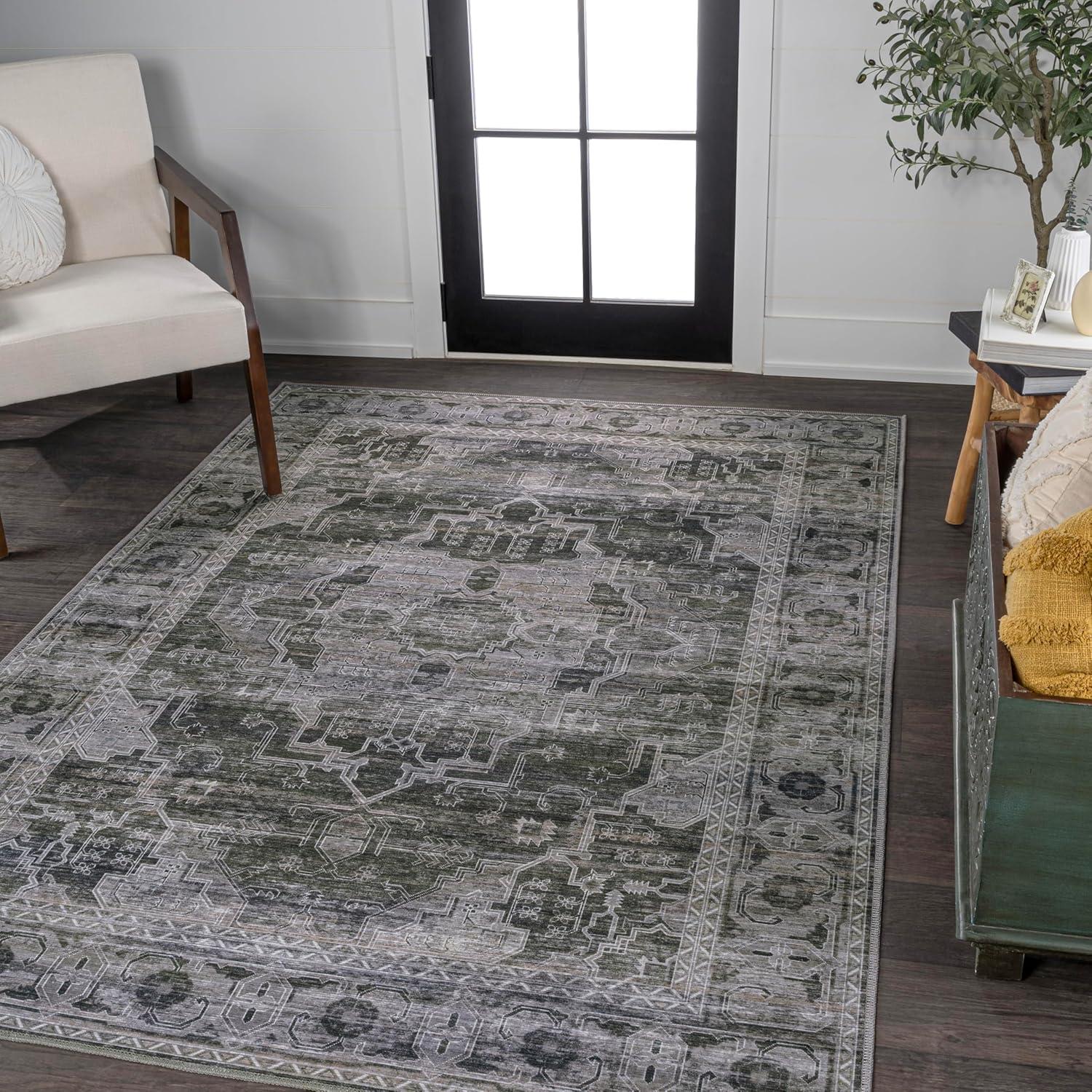 image:imageJONATHAN Y Machine Washable NavyCream Indoor Area Rug 5X8 ft Alanya Ornate Medallion for Living Room Bedroom Kitchen Office EasyCleaning High Traffic PetFriendly NonShedding WSH100A5Alanyadark GreenGray