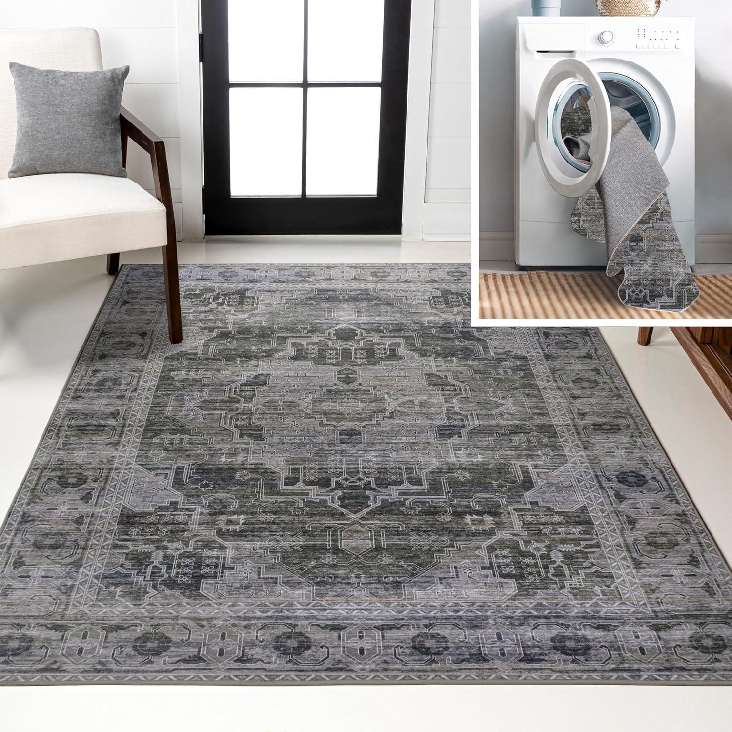 image:imageJONATHAN Y Machine Washable NavyCream Indoor Area Rug 5X8 ft Alanya Ornate Medallion for Living Room Bedroom Kitchen Office EasyCleaning High Traffic PetFriendly NonShedding WSH100A5Alanyadark GreenGray