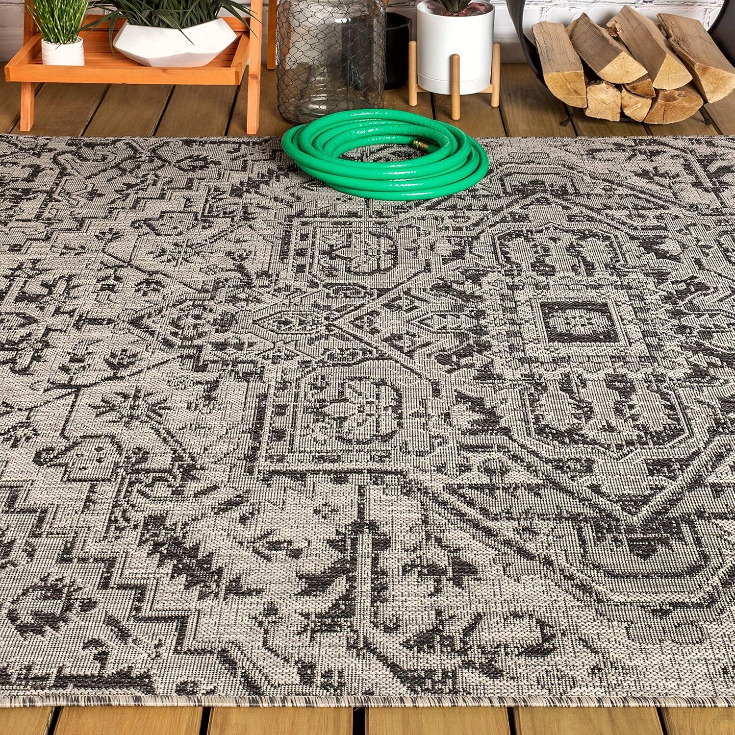 image:imageJONATHAN Y Boho Medallion Indoor Outdoor Area Rug 3X5 TealGray Estrella Textured Weave for Backyard Patio Porch EasyCleaning High Traffic PetFriendly NonShedding SMB105C3BlackGray