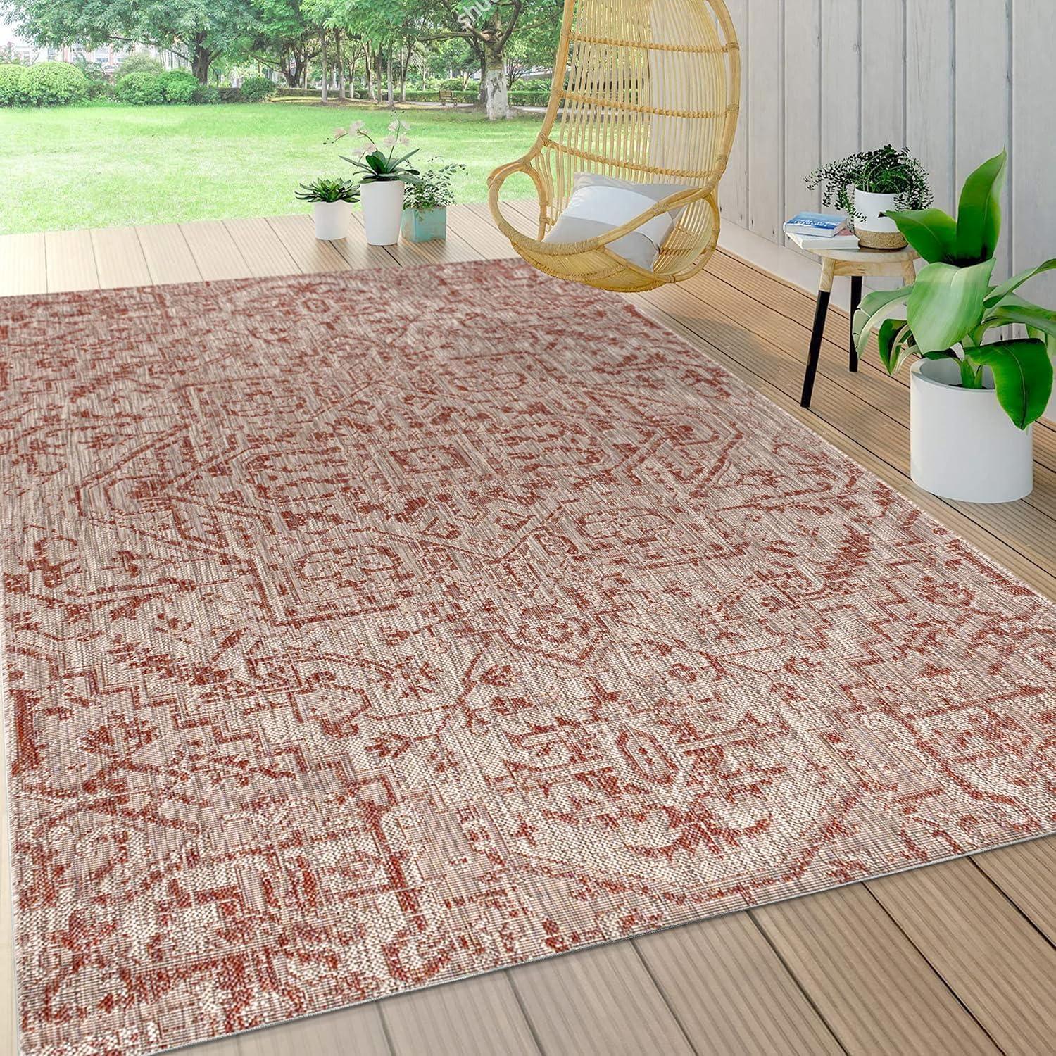 image:imageJONATHAN Y Boho Medallion Indoor Outdoor Area Rug 3X5 TealGray Estrella Textured Weave for Backyard Patio Porch EasyCleaning High Traffic PetFriendly NonShedding SMB105C3RedTaupe
