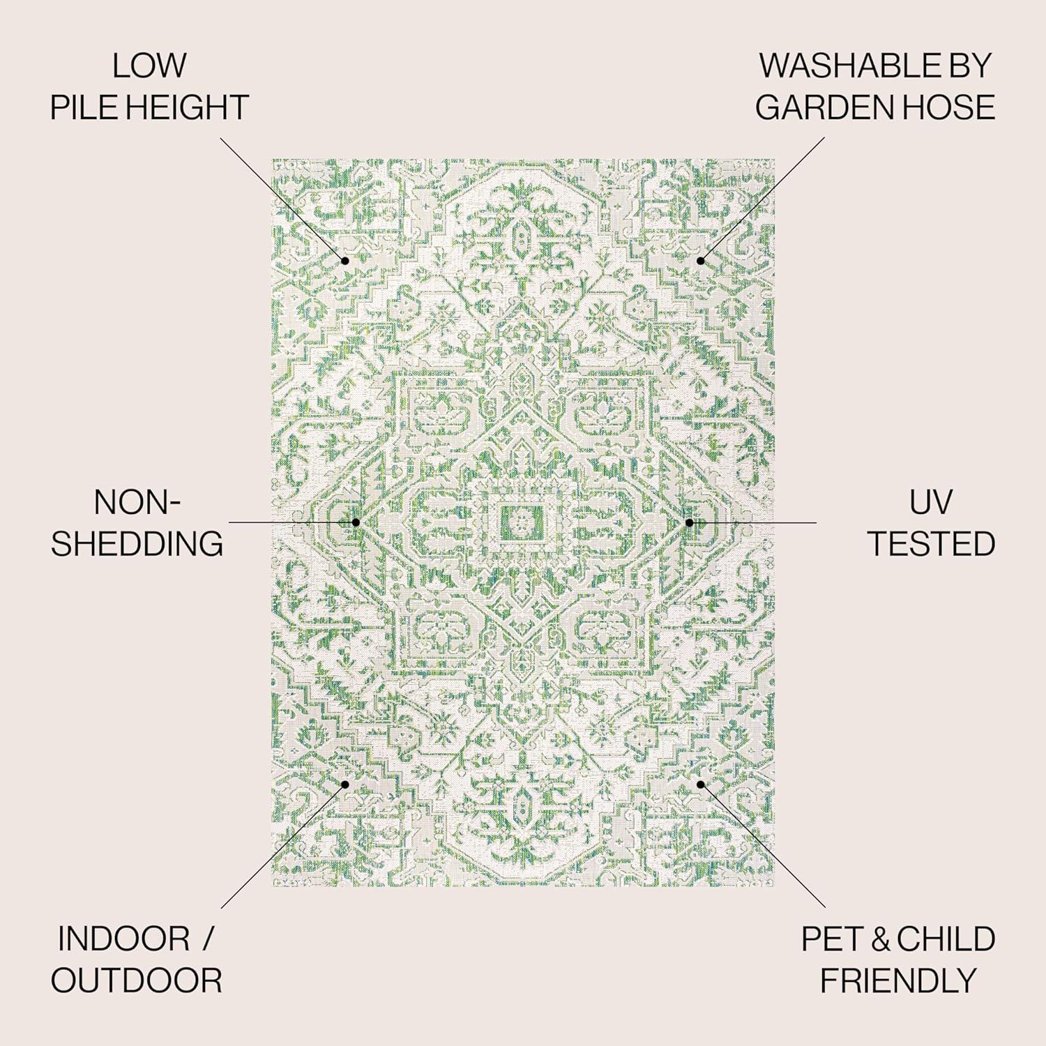 image:imageJONATHAN Y Boho Medallion Indoor Outdoor Area Rug 3X5 TealGray Estrella Textured Weave for Backyard Patio Porch EasyCleaning High Traffic PetFriendly NonShedding SMB105C3GreenCream