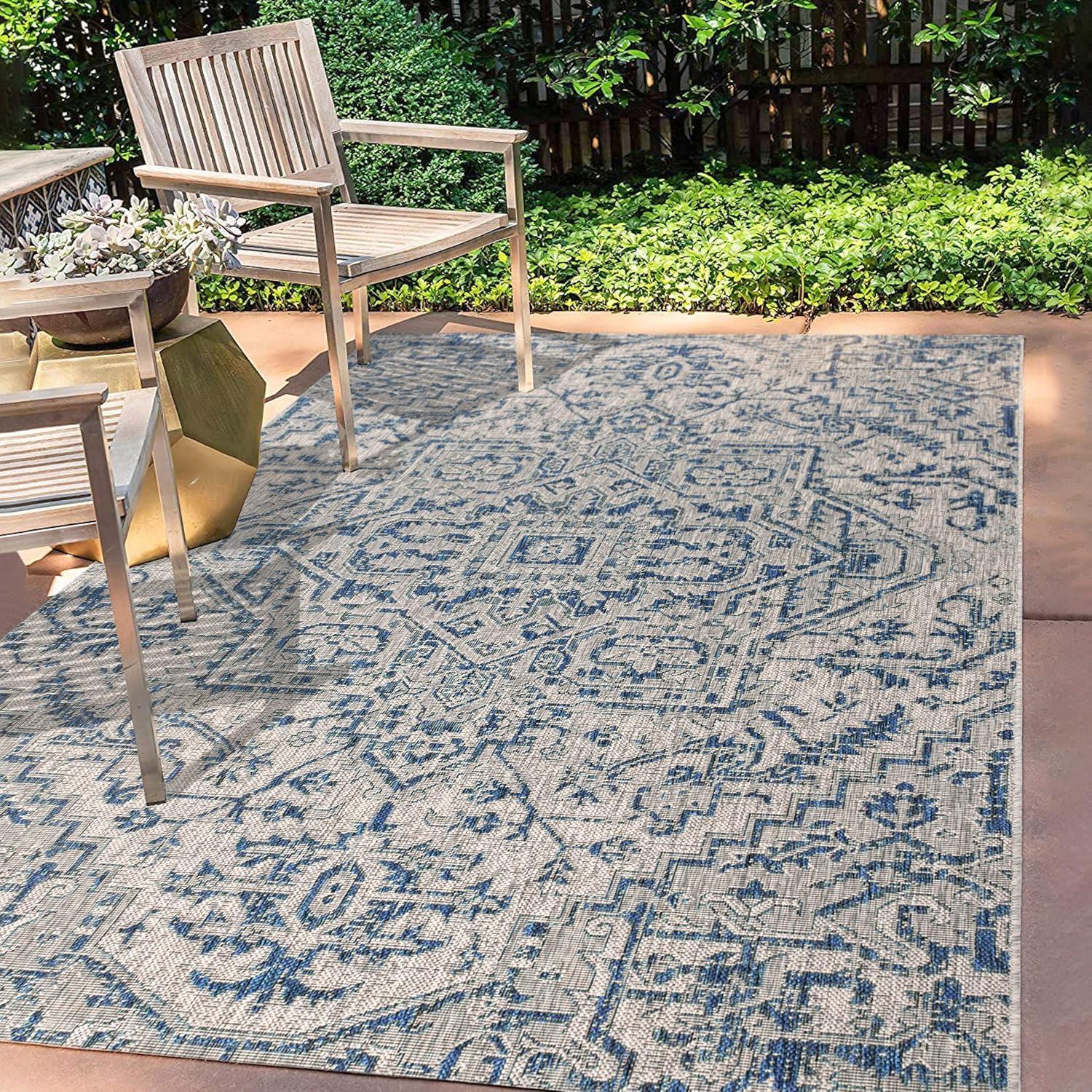 image:imageJONATHAN Y Boho Medallion Indoor Outdoor Area Rug 3X5 TealGray Estrella Textured Weave for Backyard Patio Porch EasyCleaning High Traffic PetFriendly NonShedding SMB105C3NavyGray