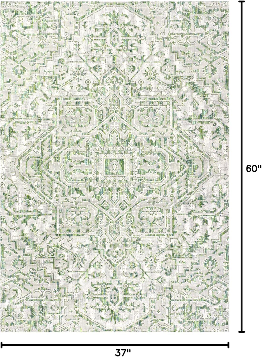 image:imageJONATHAN Y Boho Medallion Indoor Outdoor Area Rug 3X5 TealGray Estrella Textured Weave for Backyard Patio Porch EasyCleaning High Traffic PetFriendly NonShedding SMB105C3GreenCream