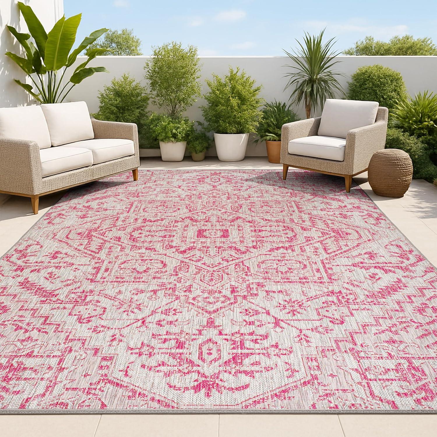 image:imageJONATHAN Y Boho Medallion Indoor Outdoor Area Rug 3X5 TealGray Estrella Textured Weave for Backyard Patio Porch EasyCleaning High Traffic PetFriendly NonShedding SMB105C3Light GrayFuchsia