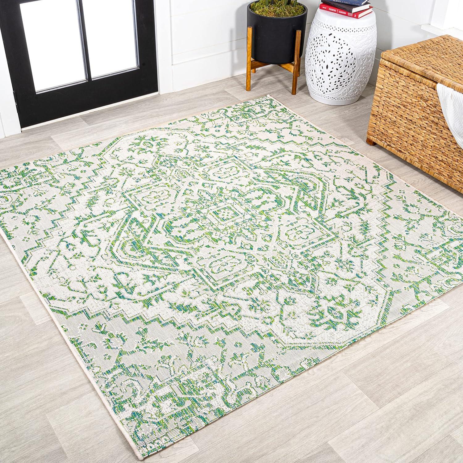 image:imageJONATHAN Y Boho Medallion Indoor Outdoor Area Rug 3X5 TealGray Estrella Textured Weave for Backyard Patio Porch EasyCleaning High Traffic PetFriendly NonShedding SMB105C3GreenCream