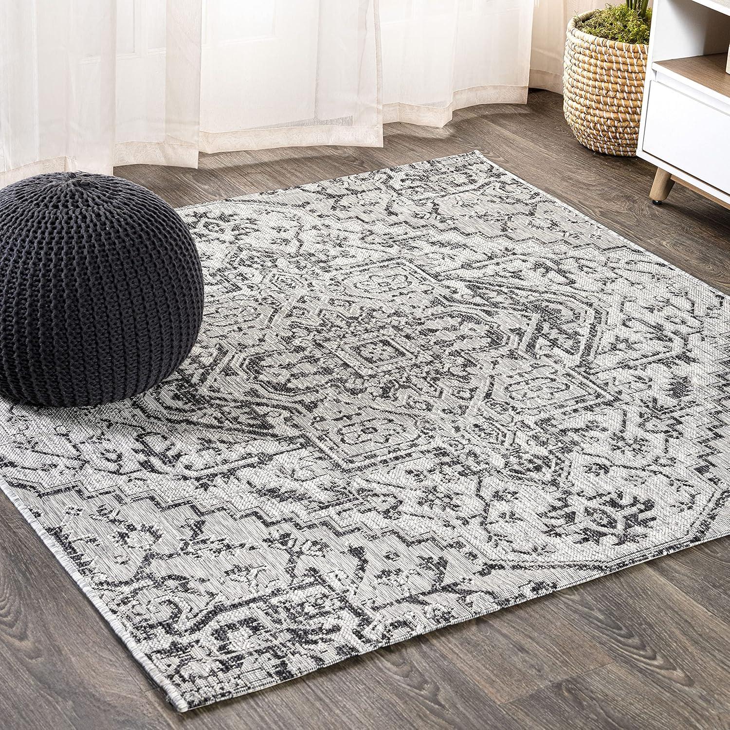 image:imageJONATHAN Y Boho Medallion Indoor Outdoor Area Rug 3X5 TealGray Estrella Textured Weave for Backyard Patio Porch EasyCleaning High Traffic PetFriendly NonShedding SMB105C3BlackGray