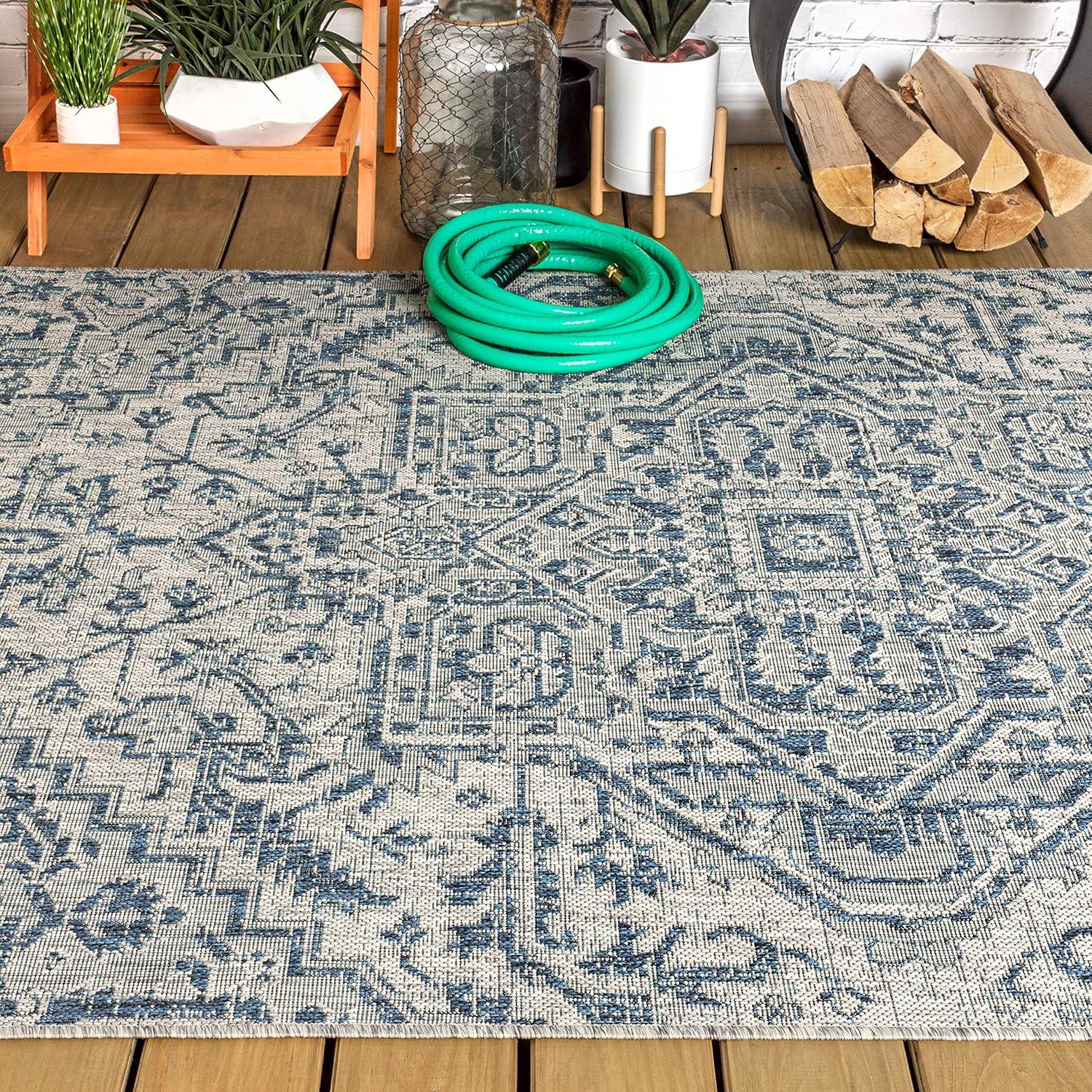 image:imageJONATHAN Y Boho Medallion Indoor Outdoor Area Rug 3X5 TealGray Estrella Textured Weave for Backyard Patio Porch EasyCleaning High Traffic PetFriendly NonShedding SMB105C3NavyGray