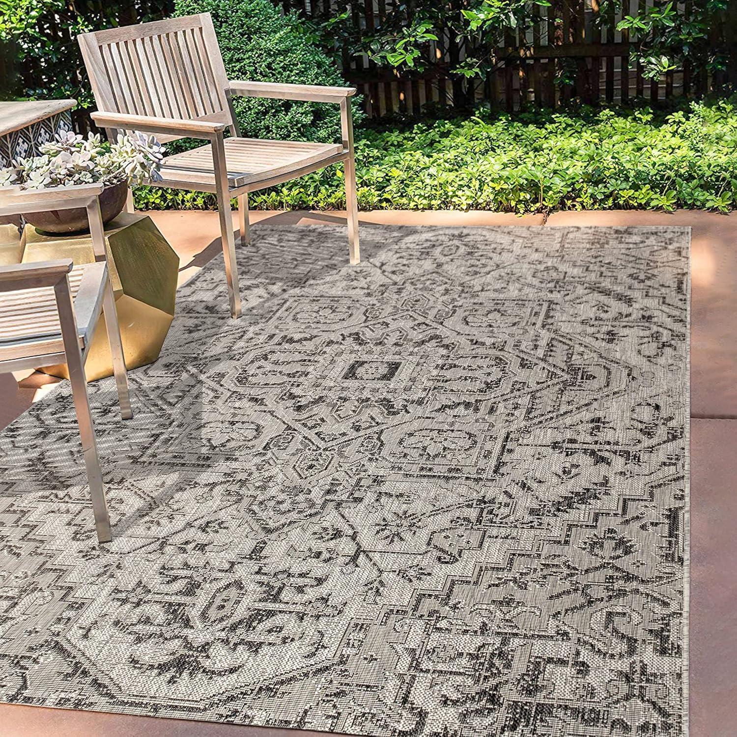 image:imageJONATHAN Y Boho Medallion Indoor Outdoor Area Rug 3X5 TealGray Estrella Textured Weave for Backyard Patio Porch EasyCleaning High Traffic PetFriendly NonShedding SMB105C3BlackGray