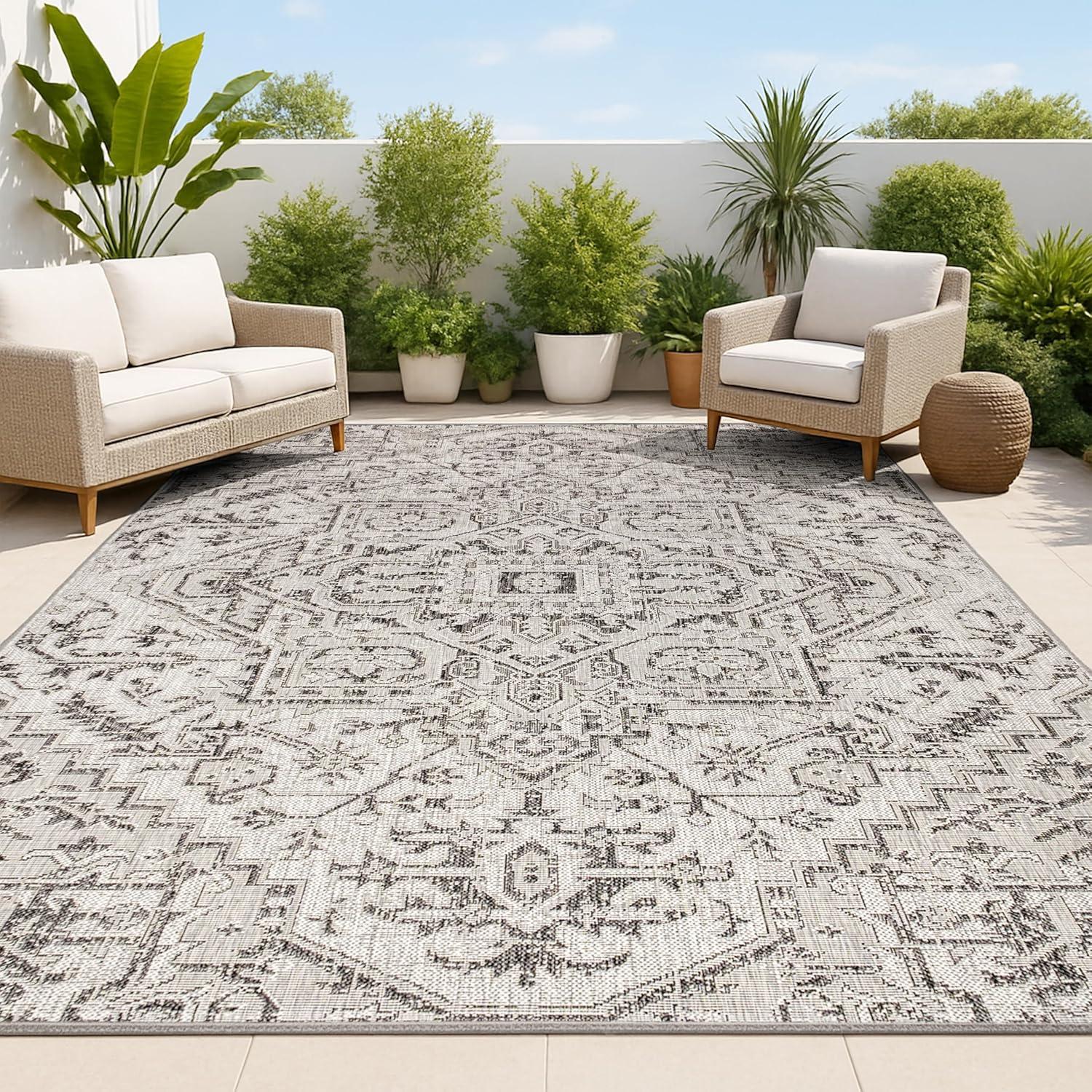 image:imageJONATHAN Y Boho Medallion Indoor Outdoor Area Rug 3X5 TealGray Estrella Textured Weave for Backyard Patio Porch EasyCleaning High Traffic PetFriendly NonShedding SMB105C3BlackGray