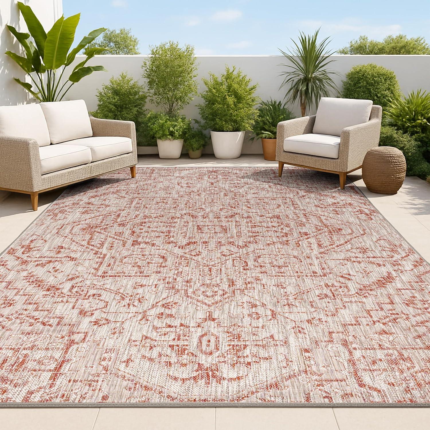 image:imageJONATHAN Y Boho Medallion Indoor Outdoor Area Rug 3X5 TealGray Estrella Textured Weave for Backyard Patio Porch EasyCleaning High Traffic PetFriendly NonShedding SMB105C3RedTaupe