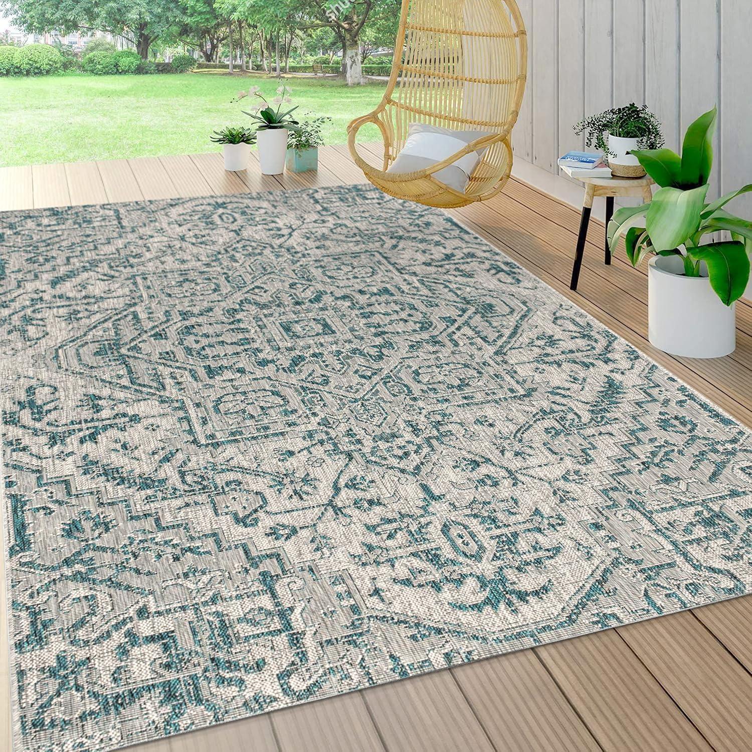 image:imageJONATHAN Y Boho Medallion Indoor Outdoor Area Rug 3X5 TealGray Estrella Textured Weave for Backyard Patio Porch EasyCleaning High Traffic PetFriendly NonShedding SMB105C3TealGray