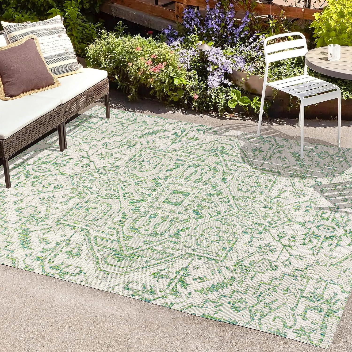 image:imageJONATHAN Y Boho Medallion Indoor Outdoor Area Rug 3X5 TealGray Estrella Textured Weave for Backyard Patio Porch EasyCleaning High Traffic PetFriendly NonShedding SMB105C3GreenCream