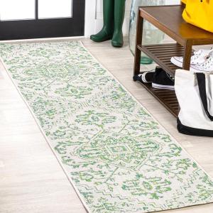 JONATHAN Y Boho Medallion Indoor Outdoor Area Rug 3X5 Teal/Gray, Estrella Textured Weave for Backyard, Patio, Porch, Easy-Cleaning, High Traffic, Pet-Friendly, Non-Shedding (SMB105C-3)(Green/Cream)
