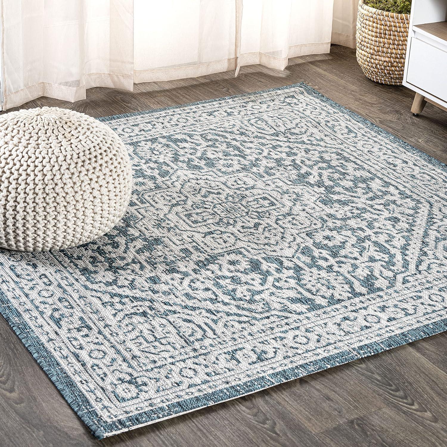 image:imageJONATHAN Y Medallion Weave Indoor Outdoor Round Area Rug 5 Ft YellowCream Sinjuri Textured for Backyard Patio Porch EasyCleaning High Traffic PetFriendly NonShedding SMB101I5RTeal BlueGray
