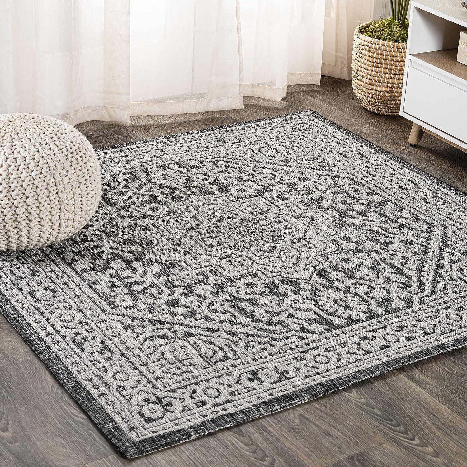 image:imageJONATHAN Y Medallion Weave Indoor Outdoor Round Area Rug 5 Ft YellowCream Sinjuri Textured for Backyard Patio Porch EasyCleaning High Traffic PetFriendly NonShedding SMB101I5RGrayBlack