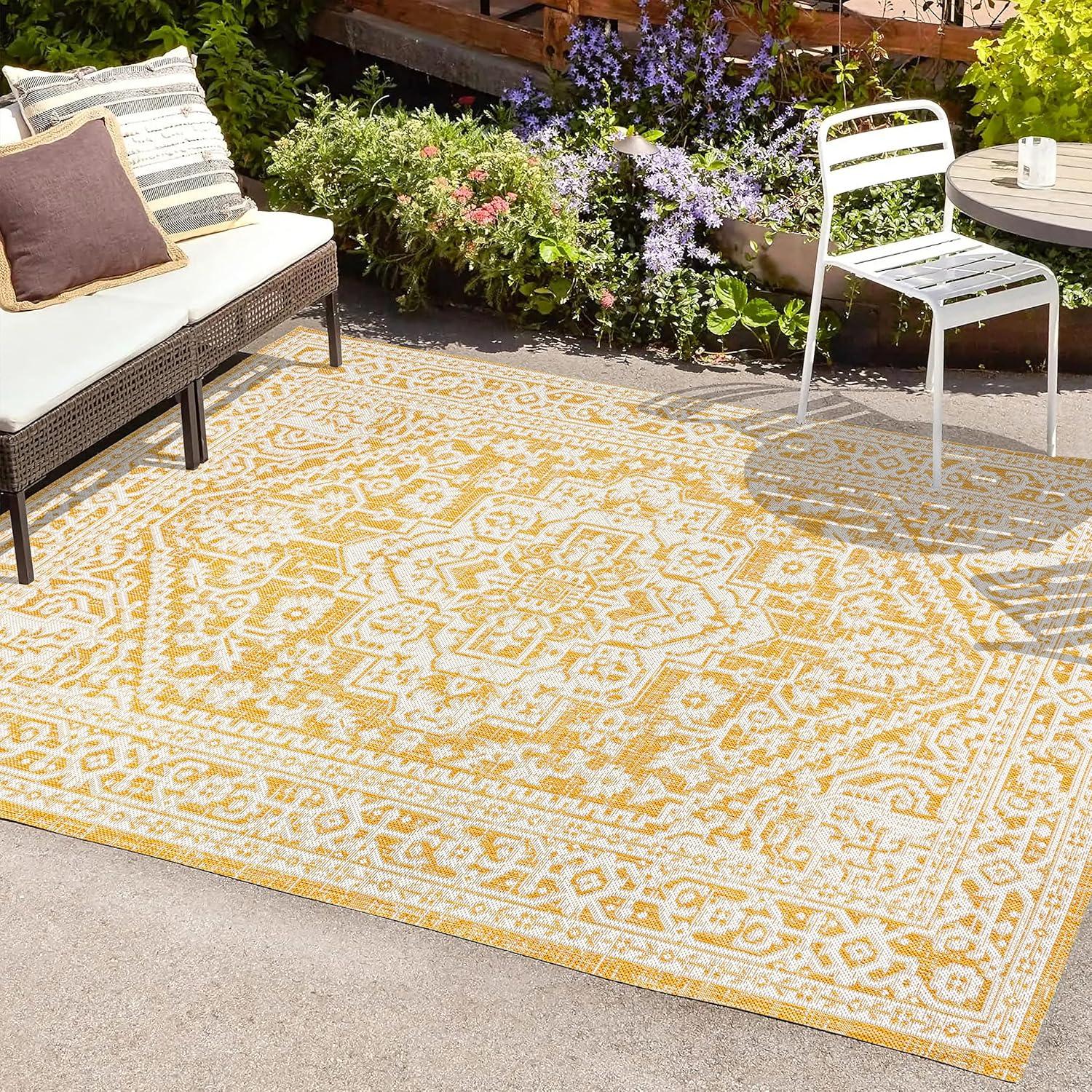 image:imageJONATHAN Y Medallion Weave Indoor Outdoor Round Area Rug 5 Ft YellowCream Sinjuri Textured for Backyard Patio Porch EasyCleaning High Traffic PetFriendly NonShedding SMB101I5RYellowCream