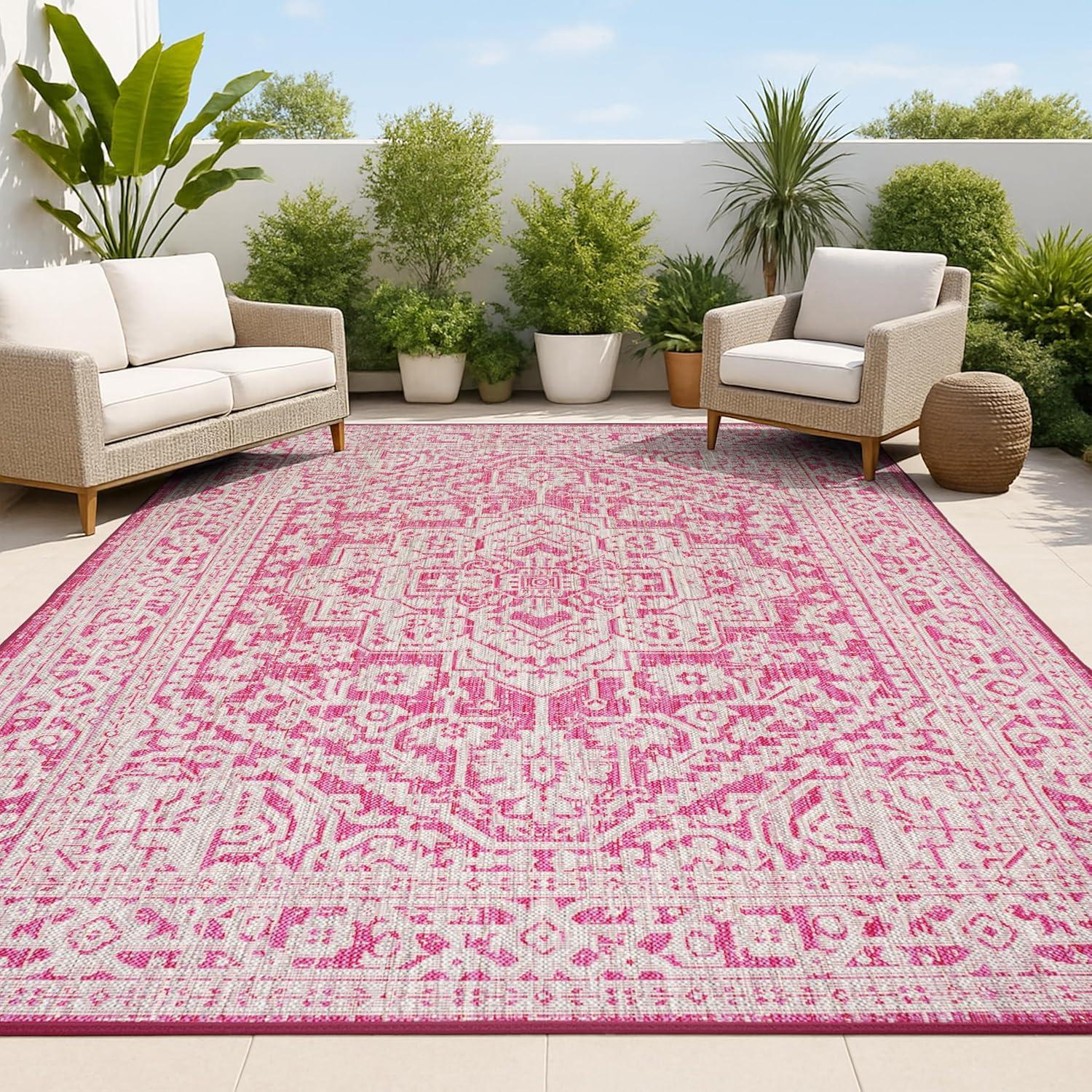 image:imageJONATHAN Y Medallion Weave Indoor Outdoor Round Area Rug 5 Ft YellowCream Sinjuri Textured for Backyard Patio Porch EasyCleaning High Traffic PetFriendly NonShedding SMB101I5RFuchsiaLight Gray