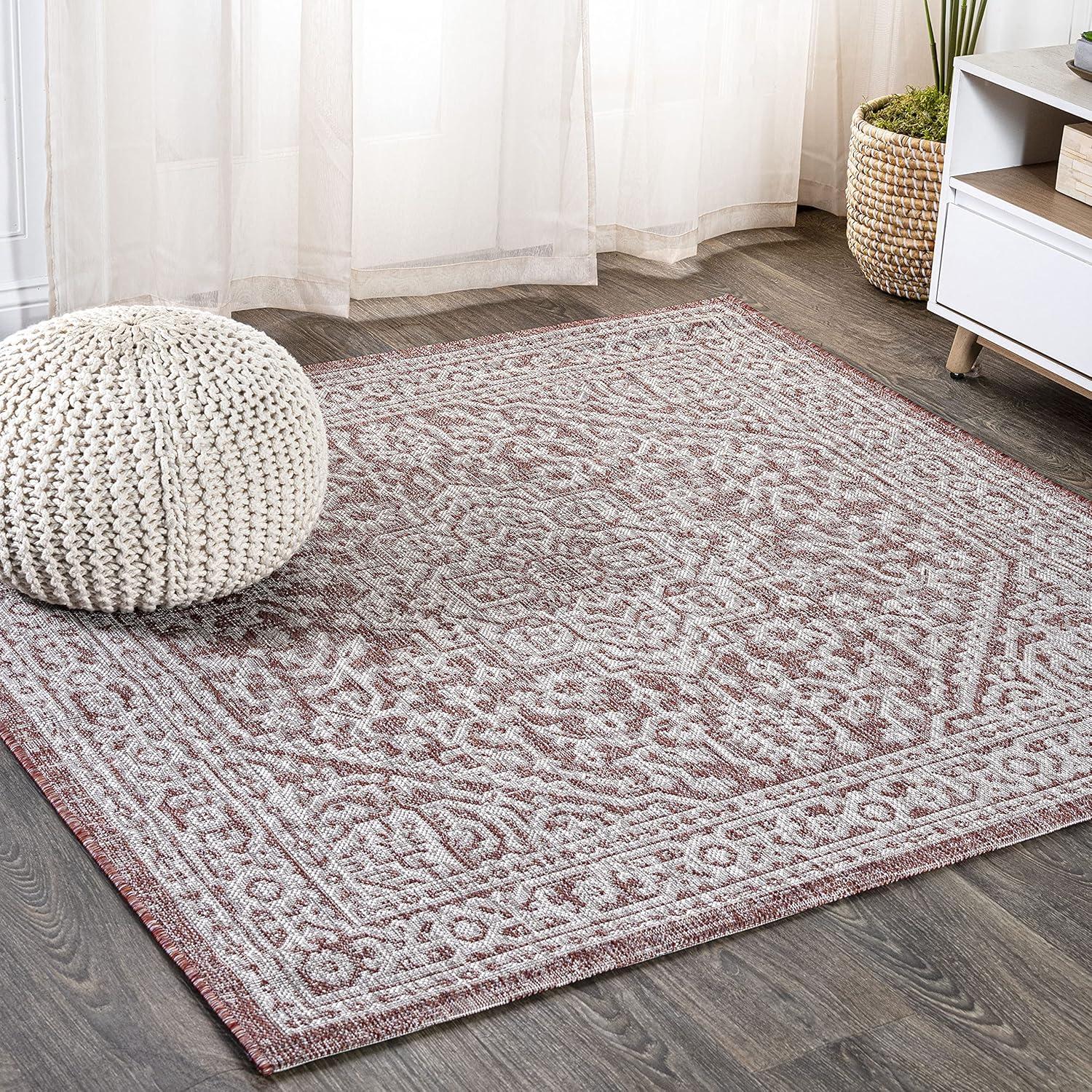 image:imageJONATHAN Y Medallion Weave Indoor Outdoor Round Area Rug 5 Ft YellowCream Sinjuri Textured for Backyard Patio Porch EasyCleaning High Traffic PetFriendly NonShedding SMB101I5RRedTaupe