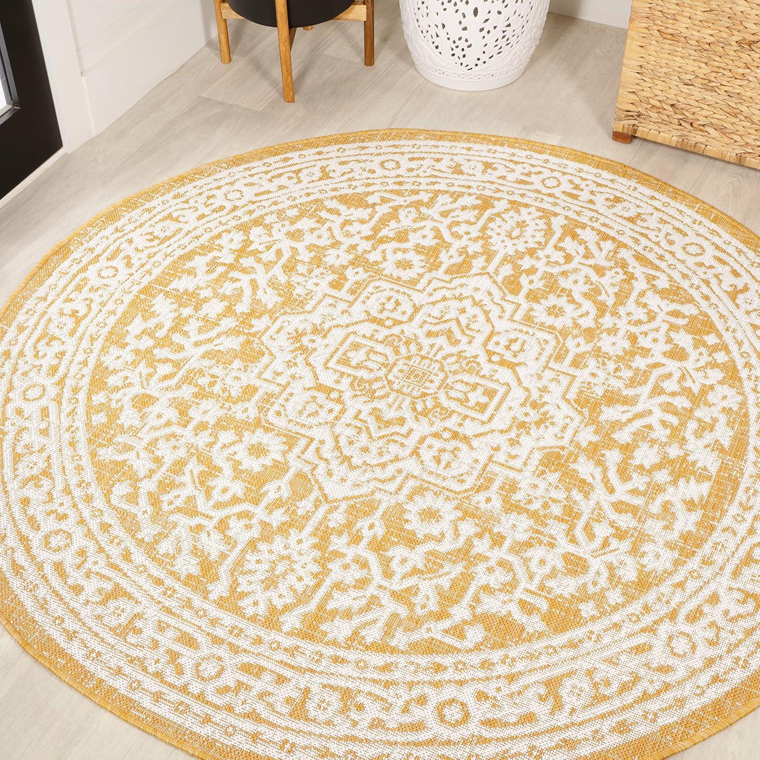 image:imageJONATHAN Y Medallion Weave Indoor Outdoor Round Area Rug 5 Ft YellowCream Sinjuri Textured for Backyard Patio Porch EasyCleaning High Traffic PetFriendly NonShedding SMB101I5RYellowCream