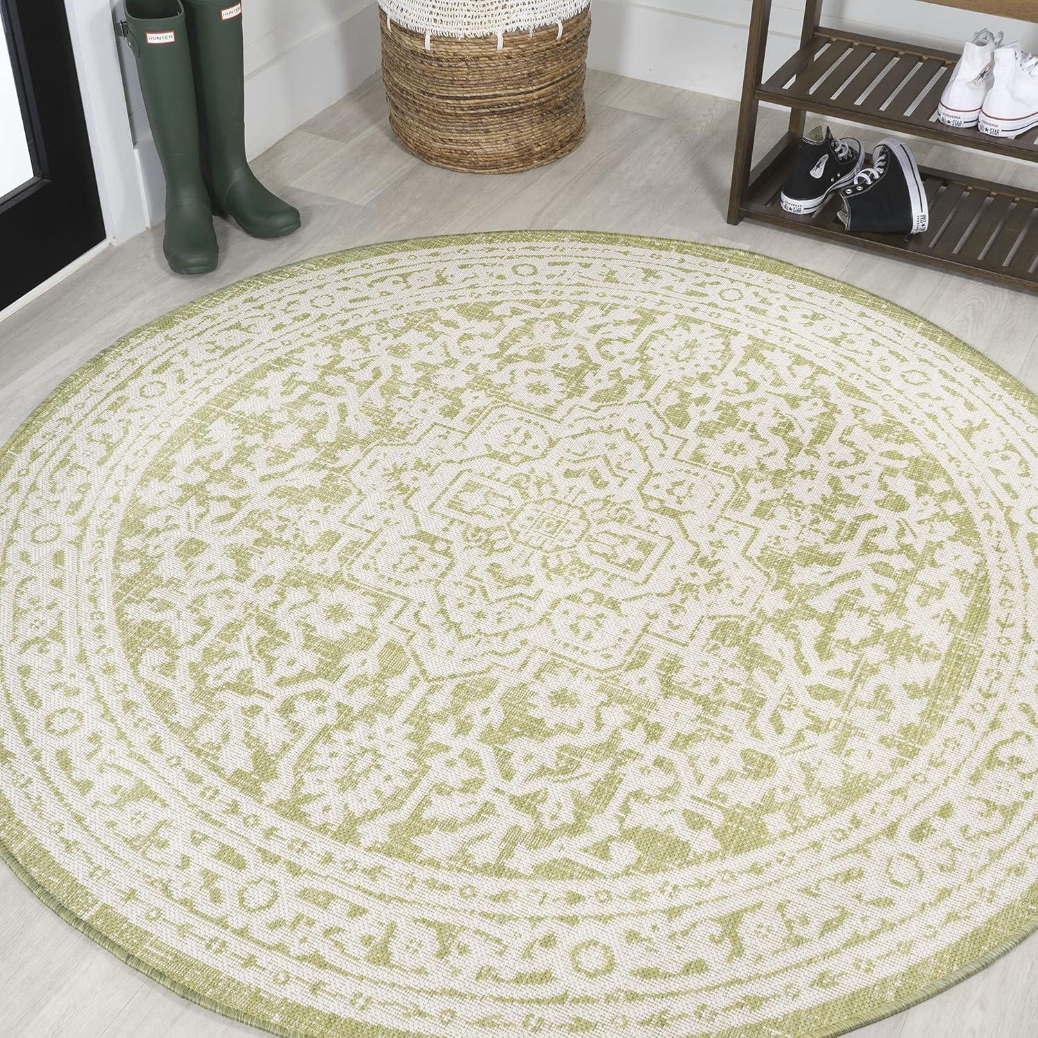 image:imageJONATHAN Y Medallion Weave Indoor Outdoor Round Area Rug 5 Ft YellowCream Sinjuri Textured for Backyard Patio Porch EasyCleaning High Traffic PetFriendly NonShedding SMB101I5RGreenCream