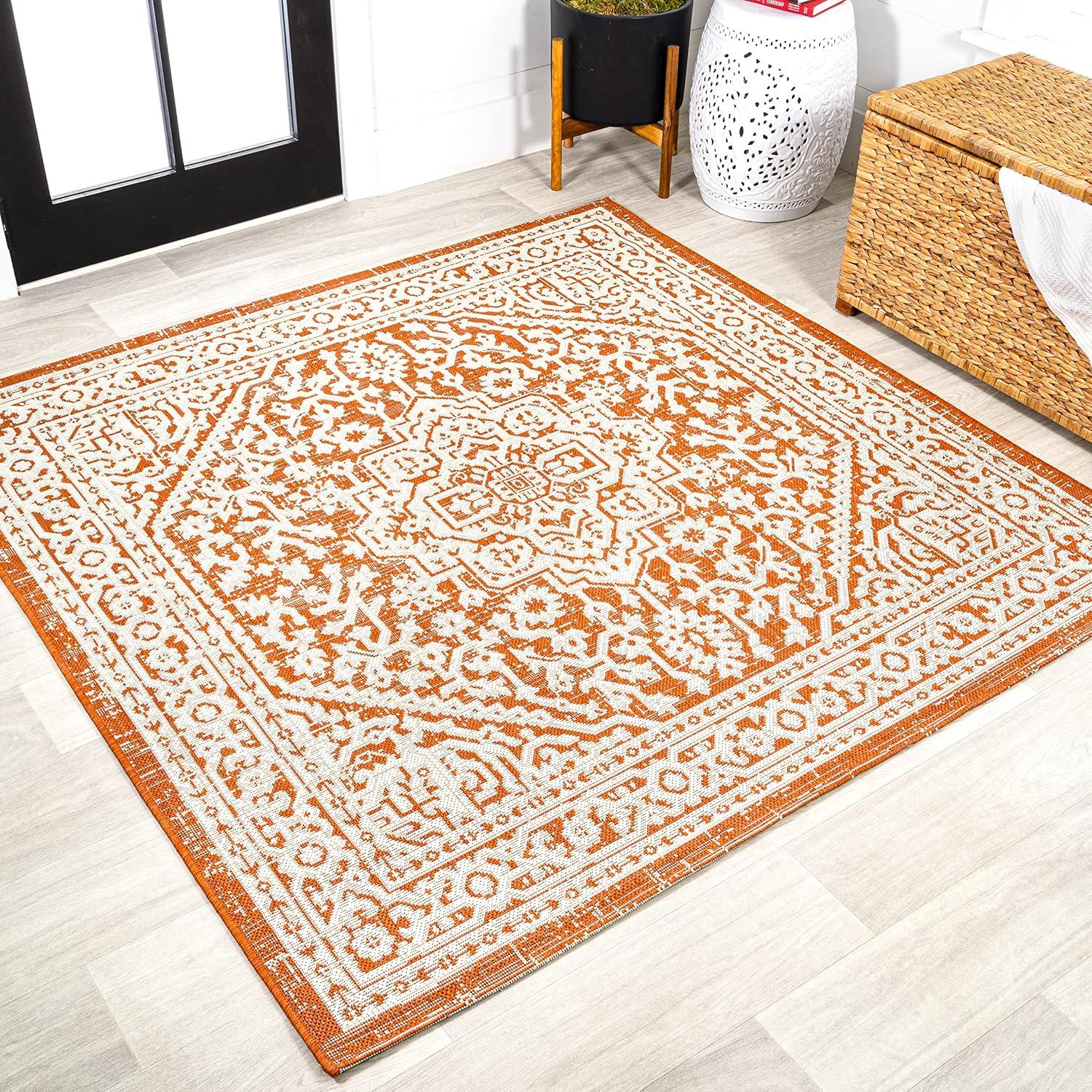 image:imageJONATHAN Y Medallion Weave Indoor Outdoor Round Area Rug 5 Ft YellowCream Sinjuri Textured for Backyard Patio Porch EasyCleaning High Traffic PetFriendly NonShedding SMB101I5ROrangeCream