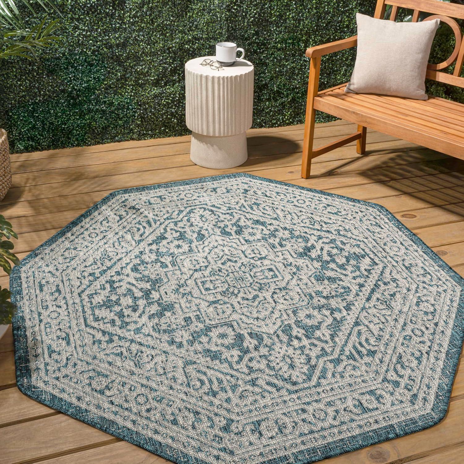 image:imageJONATHAN Y Medallion Weave Indoor Outdoor Round Area Rug 5 Ft YellowCream Sinjuri Textured for Backyard Patio Porch EasyCleaning High Traffic PetFriendly NonShedding SMB101I5RTeal BlueGray