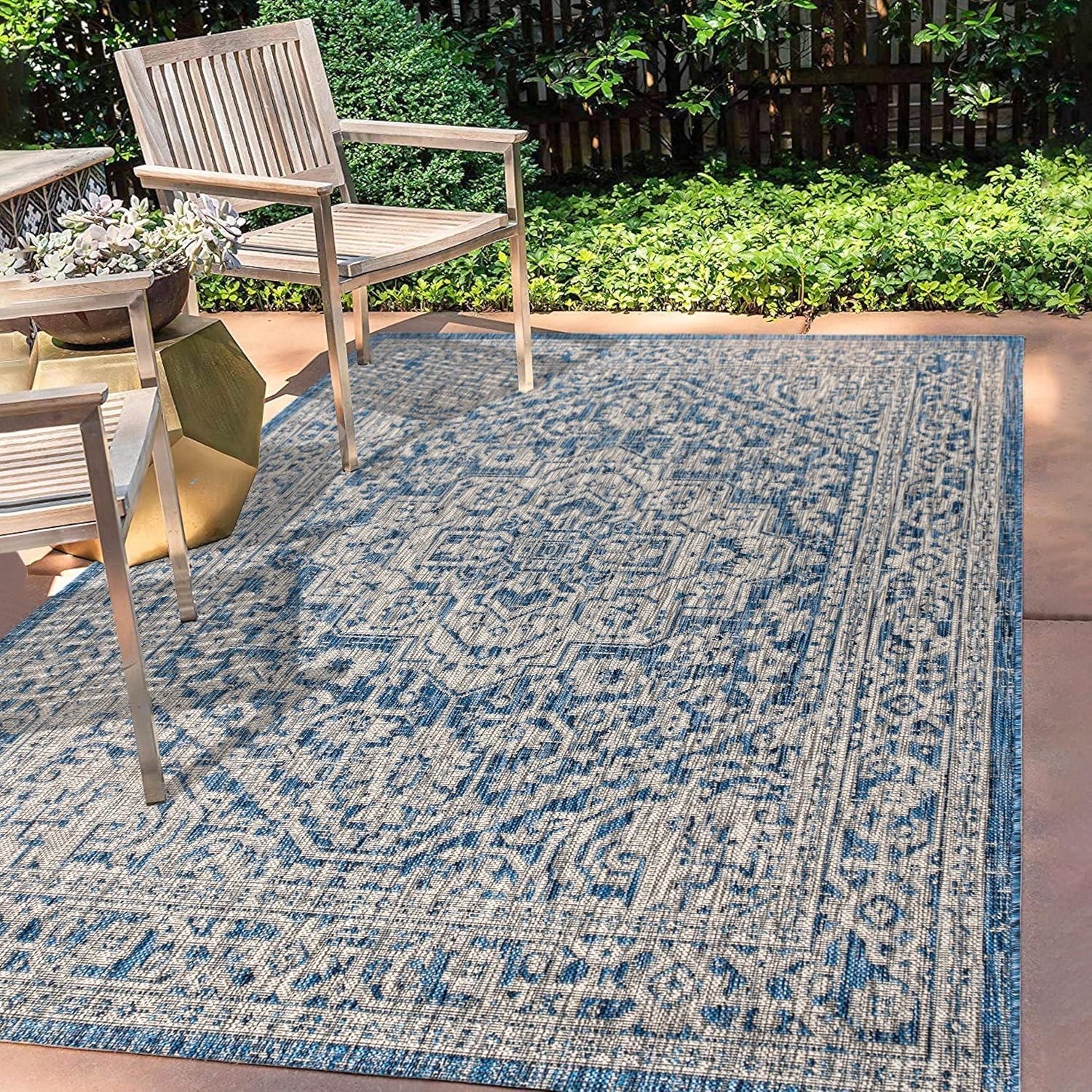 image:imageJONATHAN Y Medallion Weave Indoor Outdoor Round Area Rug 5 Ft YellowCream Sinjuri Textured for Backyard Patio Porch EasyCleaning High Traffic PetFriendly NonShedding SMB101I5RNavyGray