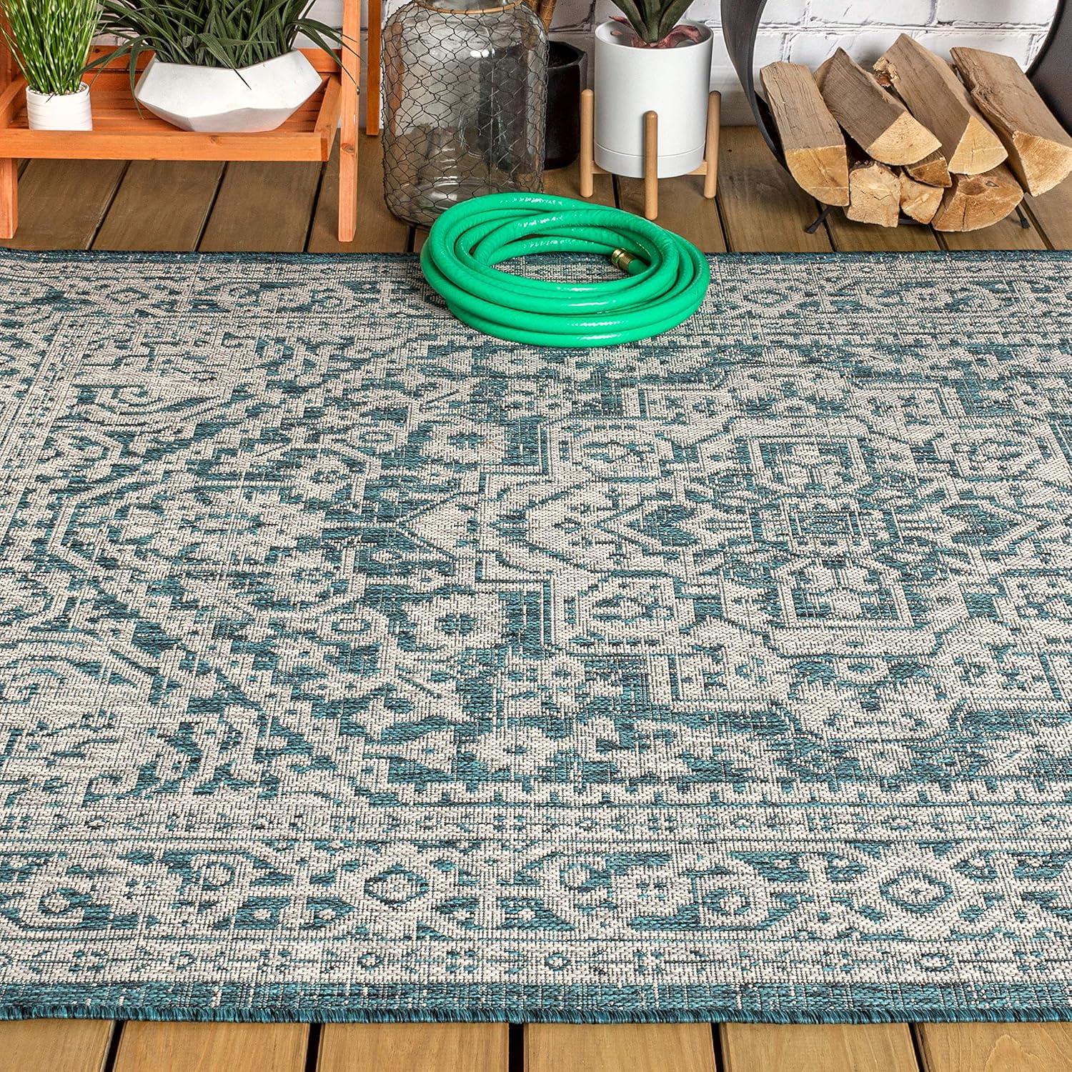 image:imageJONATHAN Y Medallion Weave Indoor Outdoor Round Area Rug 5 Ft YellowCream Sinjuri Textured for Backyard Patio Porch EasyCleaning High Traffic PetFriendly NonShedding SMB101I5RTeal BlueGray