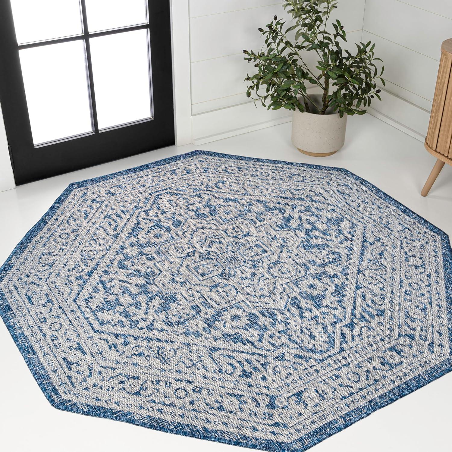 image:imageJONATHAN Y Medallion Weave Indoor Outdoor Round Area Rug 5 Ft YellowCream Sinjuri Textured for Backyard Patio Porch EasyCleaning High Traffic PetFriendly NonShedding SMB101I5RNavyGray