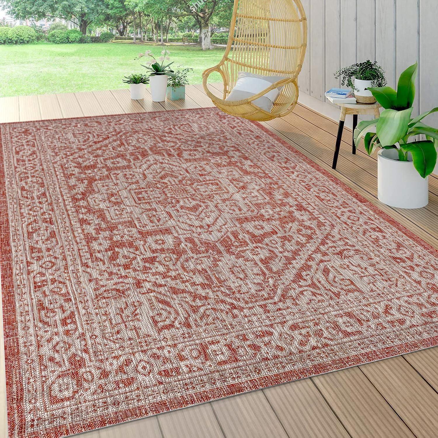 image:imageJONATHAN Y Medallion Weave Indoor Outdoor Round Area Rug 5 Ft YellowCream Sinjuri Textured for Backyard Patio Porch EasyCleaning High Traffic PetFriendly NonShedding SMB101I5RRedTaupe