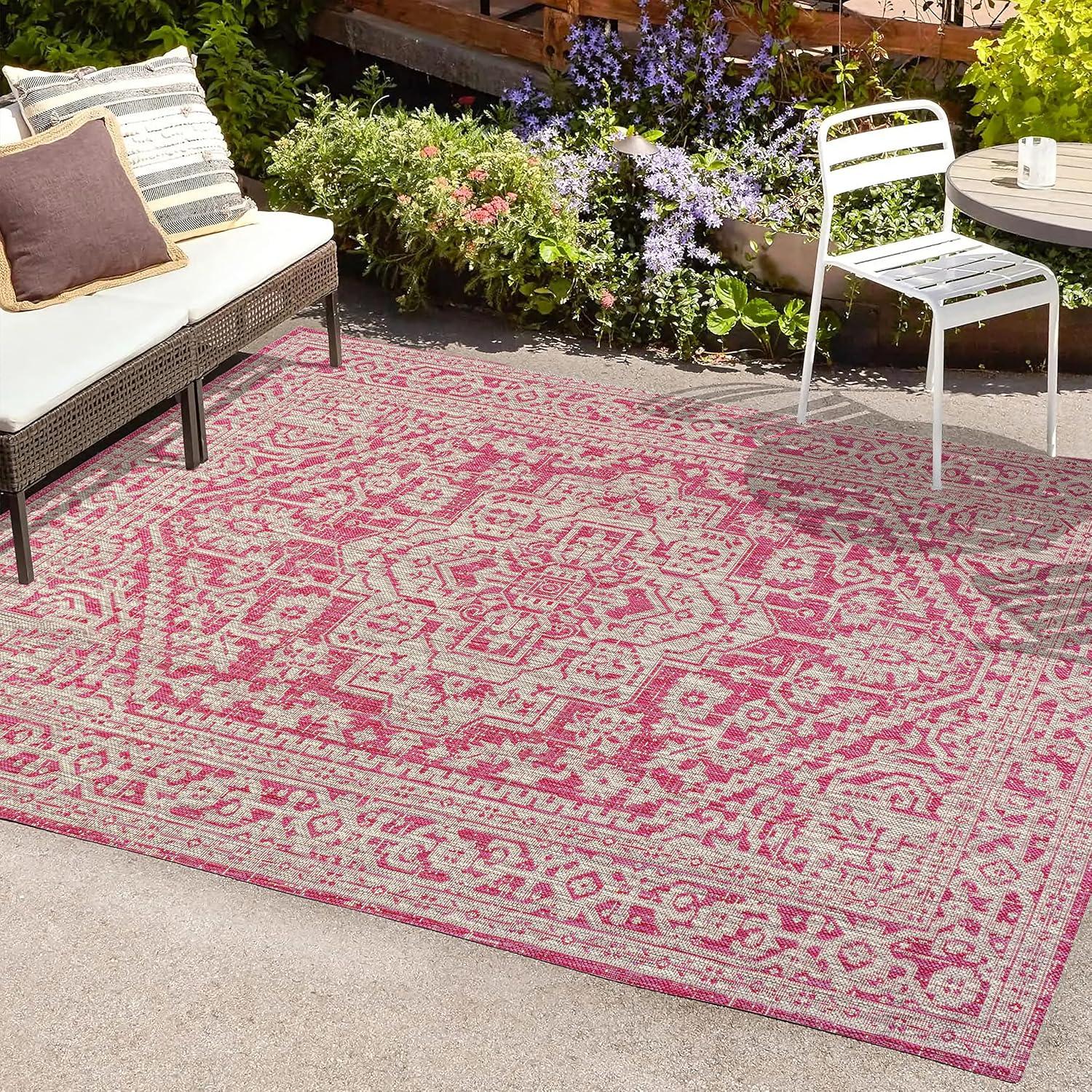 image:imageJONATHAN Y Medallion Weave Indoor Outdoor Round Area Rug 5 Ft YellowCream Sinjuri Textured for Backyard Patio Porch EasyCleaning High Traffic PetFriendly NonShedding SMB101I5RFuchsiaLight Gray