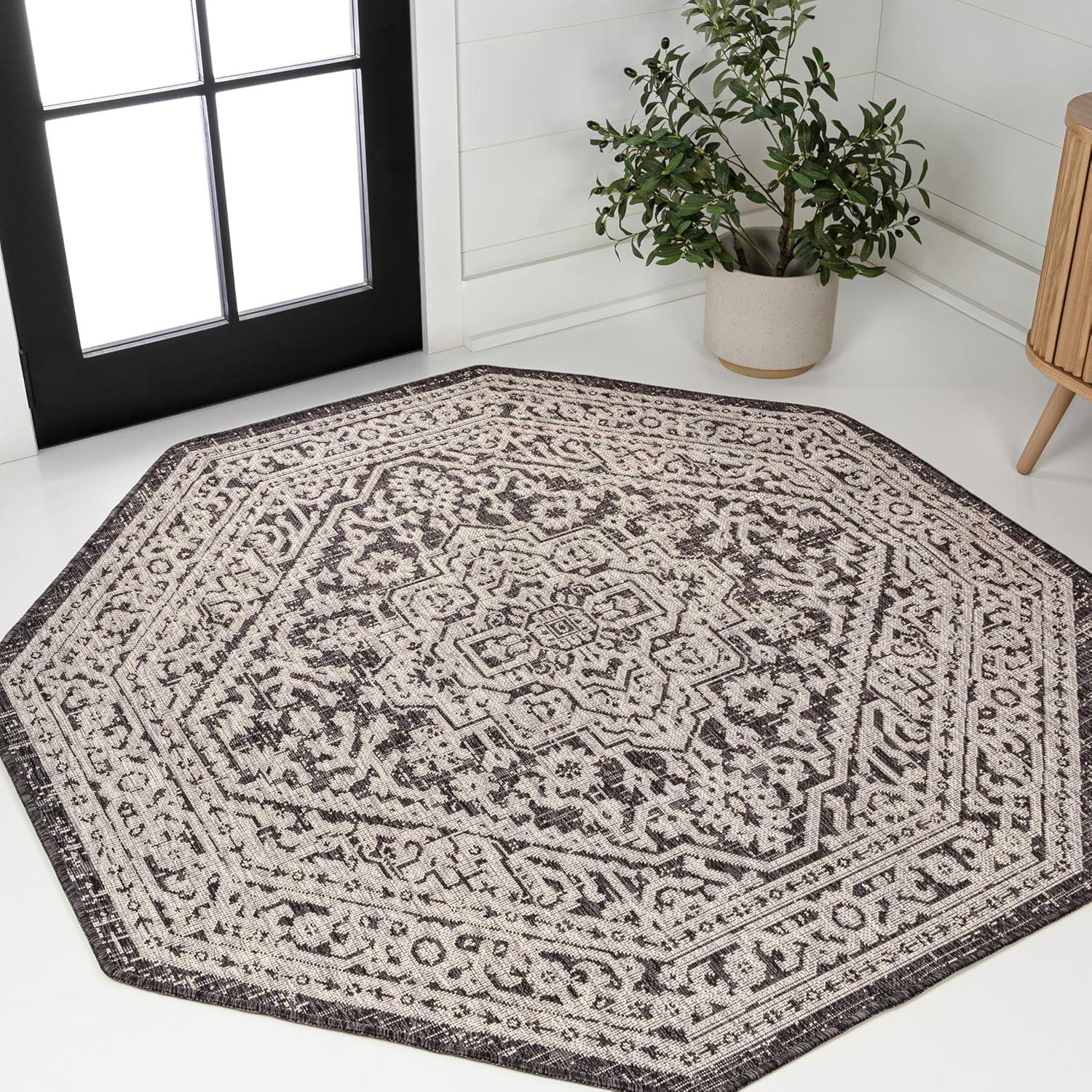 image:imageJONATHAN Y Medallion Weave Indoor Outdoor Round Area Rug 5 Ft YellowCream Sinjuri Textured for Backyard Patio Porch EasyCleaning High Traffic PetFriendly NonShedding SMB101I5RGrayBlack