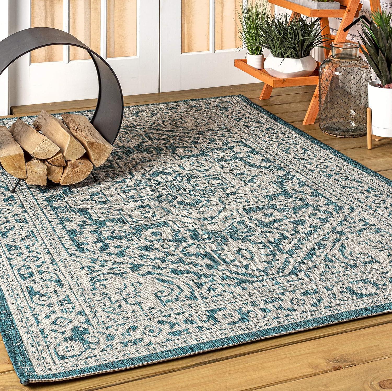 image:imageJONATHAN Y Medallion Weave Indoor Outdoor Round Area Rug 5 Ft YellowCream Sinjuri Textured for Backyard Patio Porch EasyCleaning High Traffic PetFriendly NonShedding SMB101I5RTeal BlueGray