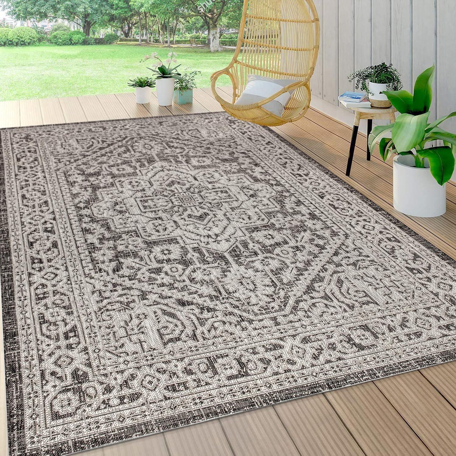 image:imageJONATHAN Y Medallion Weave Indoor Outdoor Round Area Rug 5 Ft YellowCream Sinjuri Textured for Backyard Patio Porch EasyCleaning High Traffic PetFriendly NonShedding SMB101I5RGrayBlack