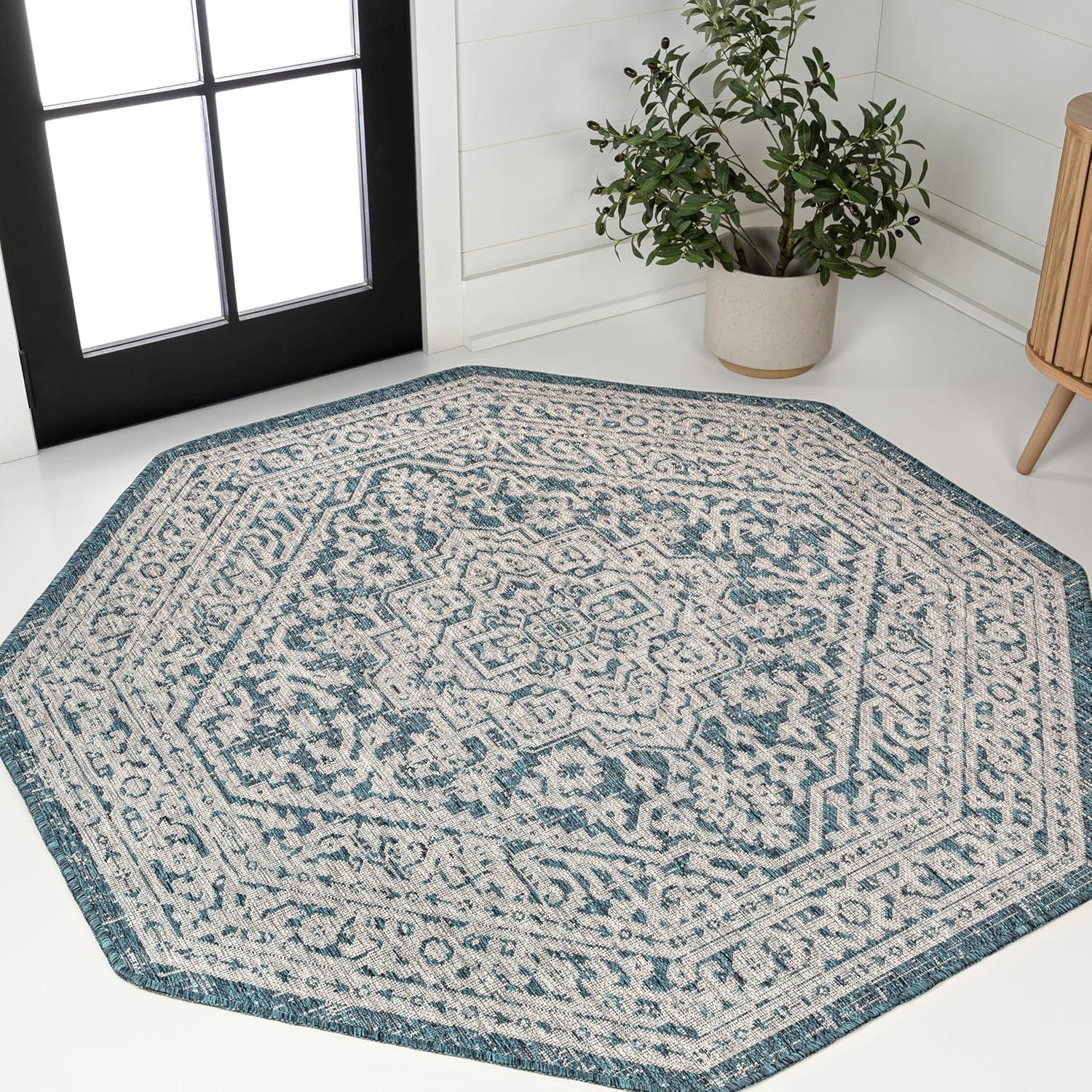 image:imageJONATHAN Y Medallion Weave Indoor Outdoor Round Area Rug 5 Ft YellowCream Sinjuri Textured for Backyard Patio Porch EasyCleaning High Traffic PetFriendly NonShedding SMB101I5RTeal BlueGray