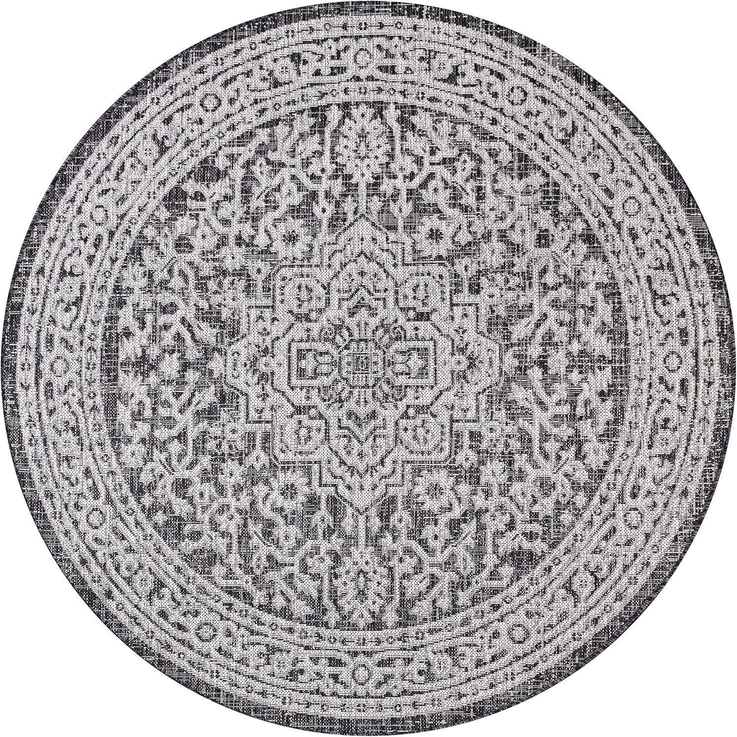 image:imageJONATHAN Y Medallion Weave Indoor Outdoor Round Area Rug 5 Ft YellowCream Sinjuri Textured for Backyard Patio Porch EasyCleaning High Traffic PetFriendly NonShedding SMB101I5RGrayBlack