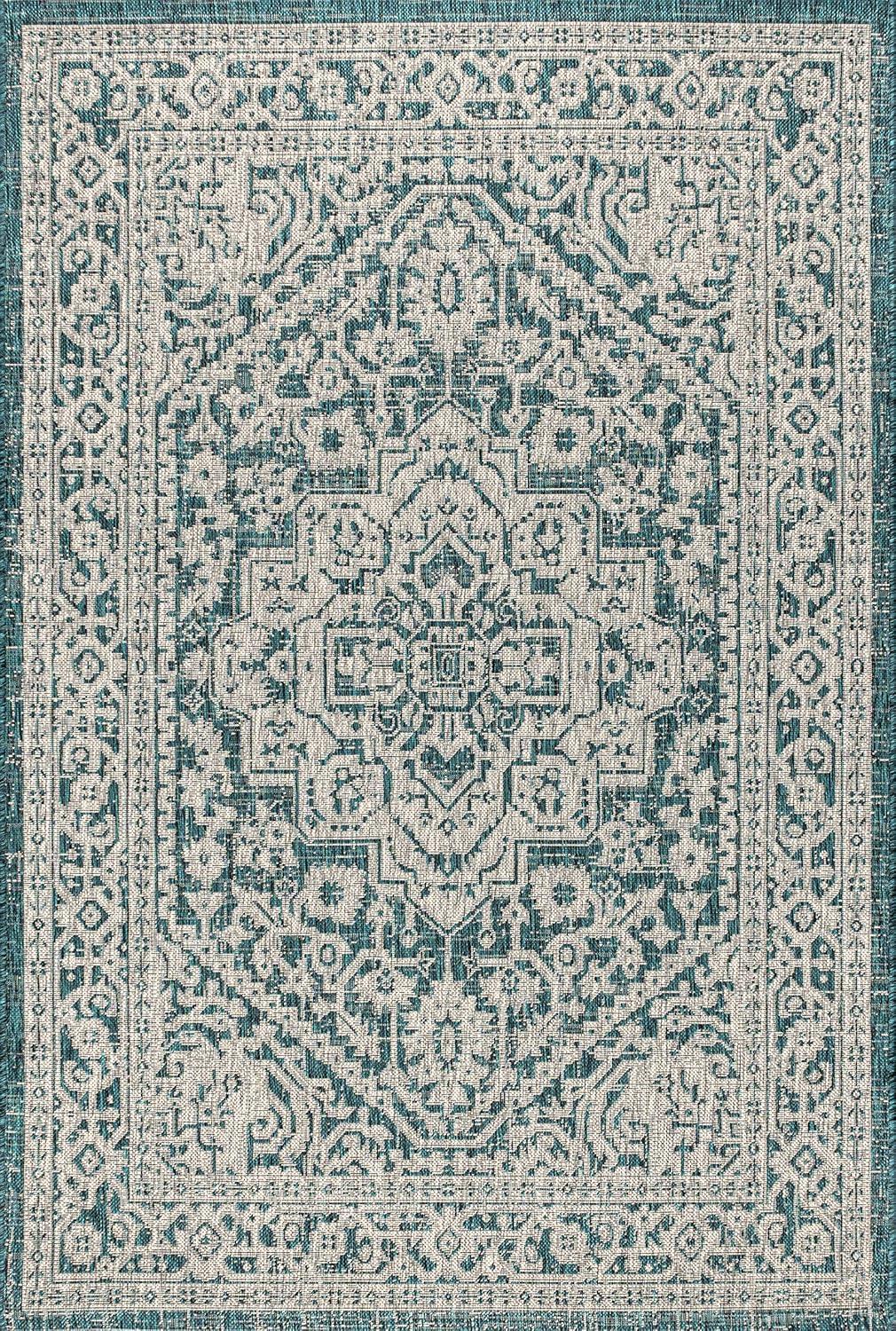 image:imageJONATHAN Y Medallion Weave Indoor Outdoor Round Area Rug 5 Ft YellowCream Sinjuri Textured for Backyard Patio Porch EasyCleaning High Traffic PetFriendly NonShedding SMB101I5RTeal BlueGray