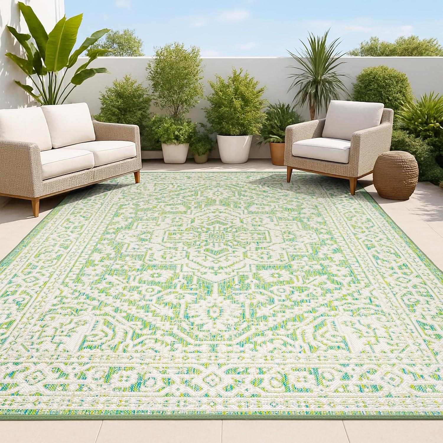 image:imageJONATHAN Y Medallion Weave Indoor Outdoor Round Area Rug 5 Ft YellowCream Sinjuri Textured for Backyard Patio Porch EasyCleaning High Traffic PetFriendly NonShedding SMB101I5RCreamGreen