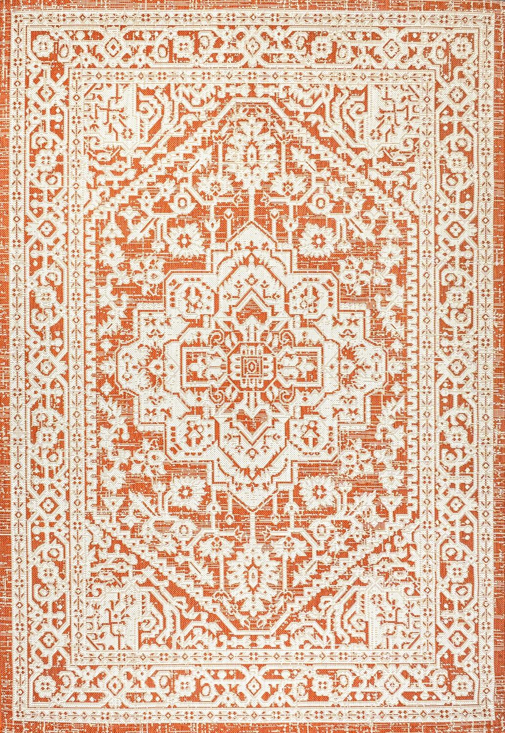 image:imageJONATHAN Y Medallion Weave Indoor Outdoor Round Area Rug 5 Ft YellowCream Sinjuri Textured for Backyard Patio Porch EasyCleaning High Traffic PetFriendly NonShedding SMB101I5ROrangeCream