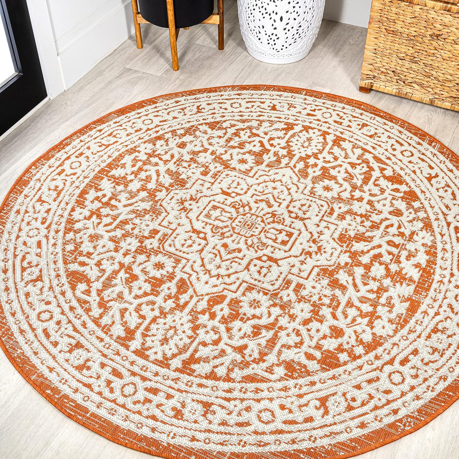 image:imageJONATHAN Y Medallion Weave Indoor Outdoor Round Area Rug 5 Ft YellowCream Sinjuri Textured for Backyard Patio Porch EasyCleaning High Traffic PetFriendly NonShedding SMB101I5ROrangeCream
