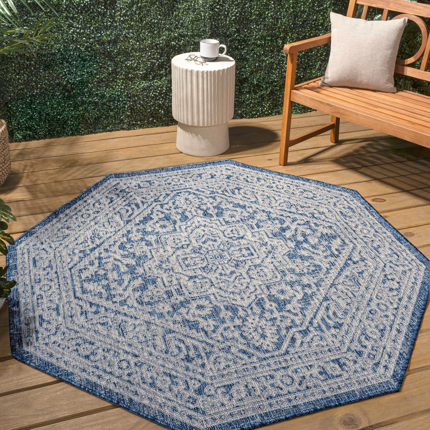 image:imageJONATHAN Y Medallion Weave Indoor Outdoor Round Area Rug 5 Ft YellowCream Sinjuri Textured for Backyard Patio Porch EasyCleaning High Traffic PetFriendly NonShedding SMB101I5RNavyGray