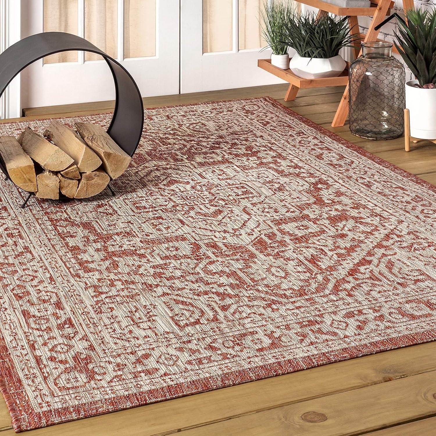 image:imageJONATHAN Y Medallion Weave Indoor Outdoor Round Area Rug 5 Ft YellowCream Sinjuri Textured for Backyard Patio Porch EasyCleaning High Traffic PetFriendly NonShedding SMB101I5RRedTaupe