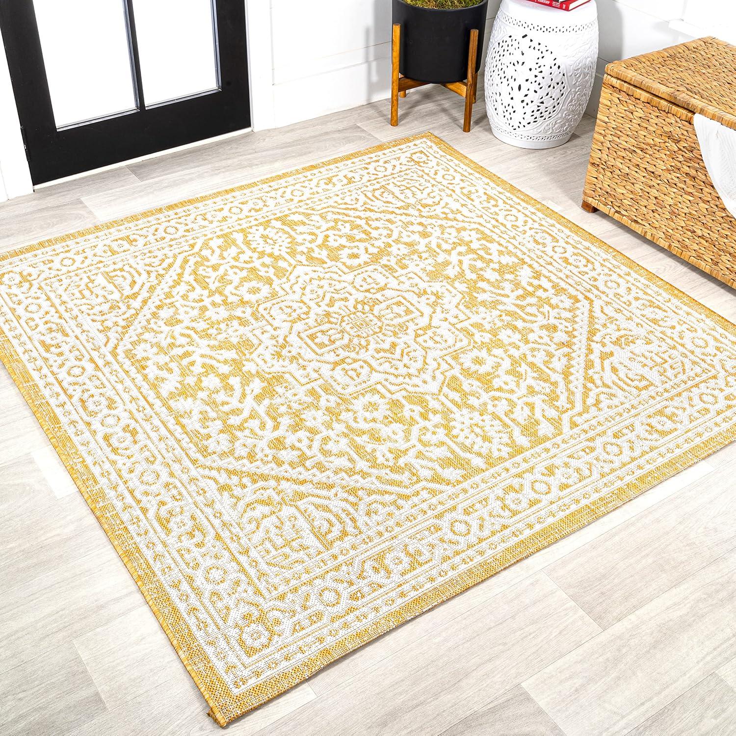 image:imageJONATHAN Y Medallion Weave Indoor Outdoor Round Area Rug 5 Ft YellowCream Sinjuri Textured for Backyard Patio Porch EasyCleaning High Traffic PetFriendly NonShedding SMB101I5RYellowCream