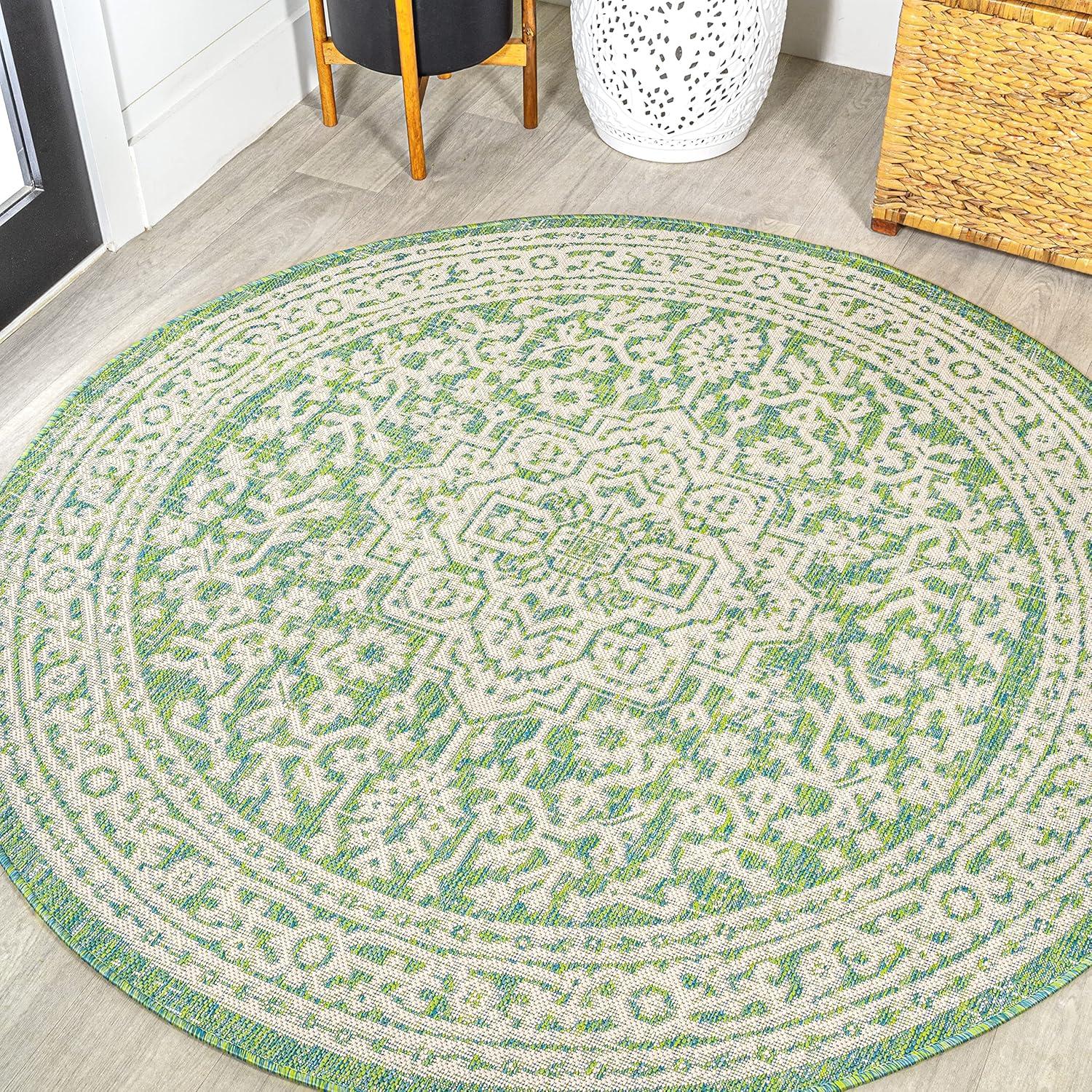 image:imageJONATHAN Y Medallion Weave Indoor Outdoor Round Area Rug 5 Ft YellowCream Sinjuri Textured for Backyard Patio Porch EasyCleaning High Traffic PetFriendly NonShedding SMB101I5RCreamGreen