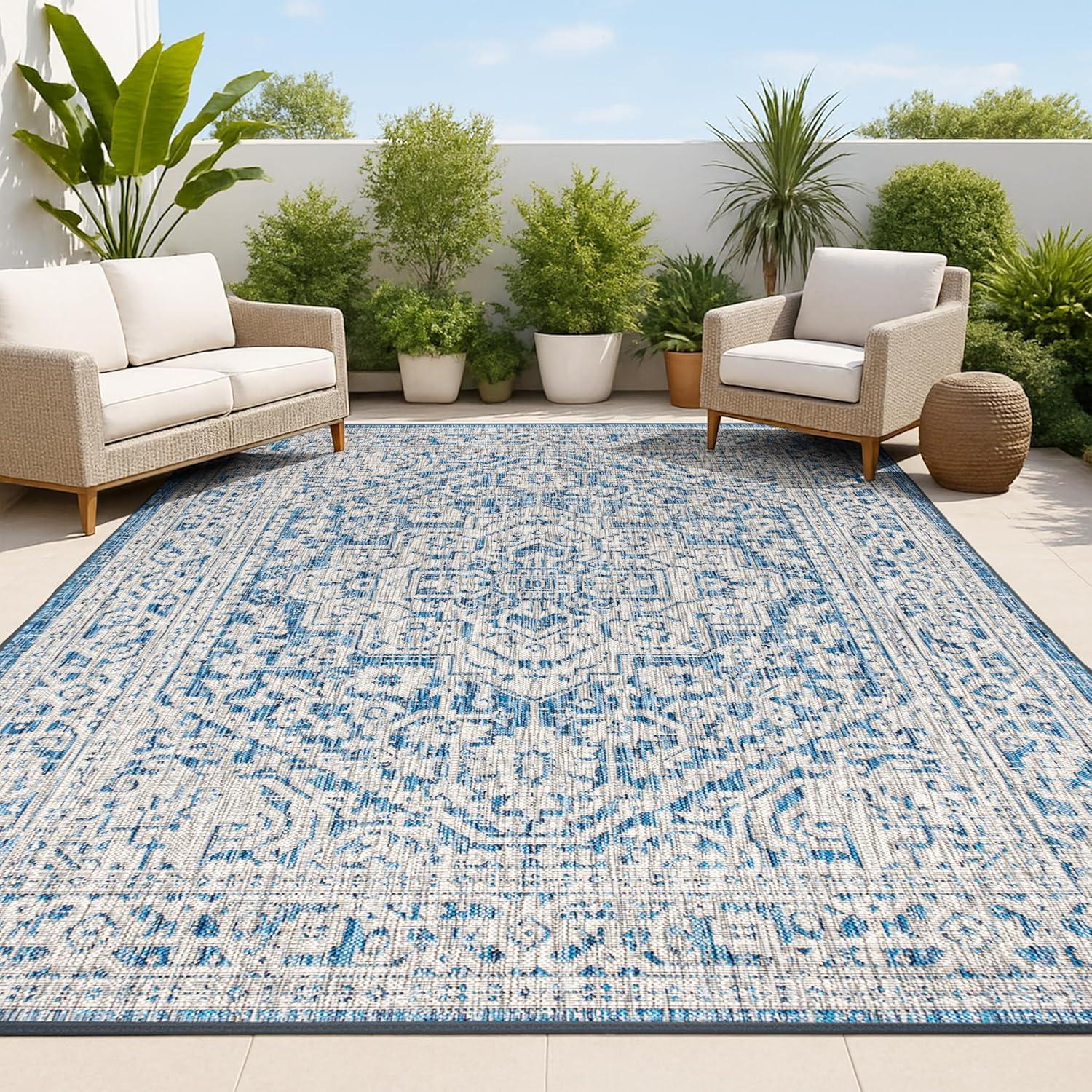 image:imageJONATHAN Y Medallion Weave Indoor Outdoor Round Area Rug 5 Ft YellowCream Sinjuri Textured for Backyard Patio Porch EasyCleaning High Traffic PetFriendly NonShedding SMB101I5RNavyGray