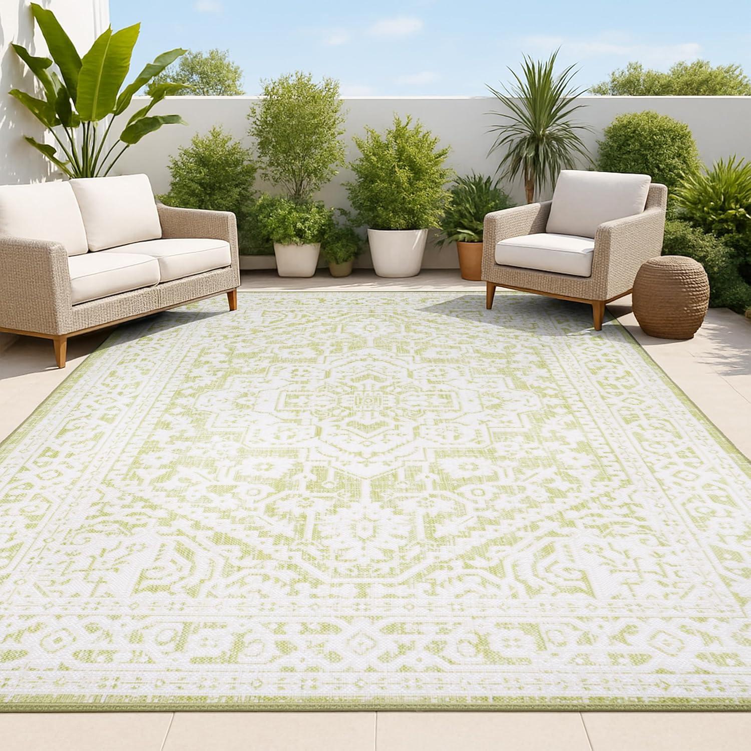 image:imageJONATHAN Y Medallion Weave Indoor Outdoor Round Area Rug 5 Ft YellowCream Sinjuri Textured for Backyard Patio Porch EasyCleaning High Traffic PetFriendly NonShedding SMB101I5RGreenCream