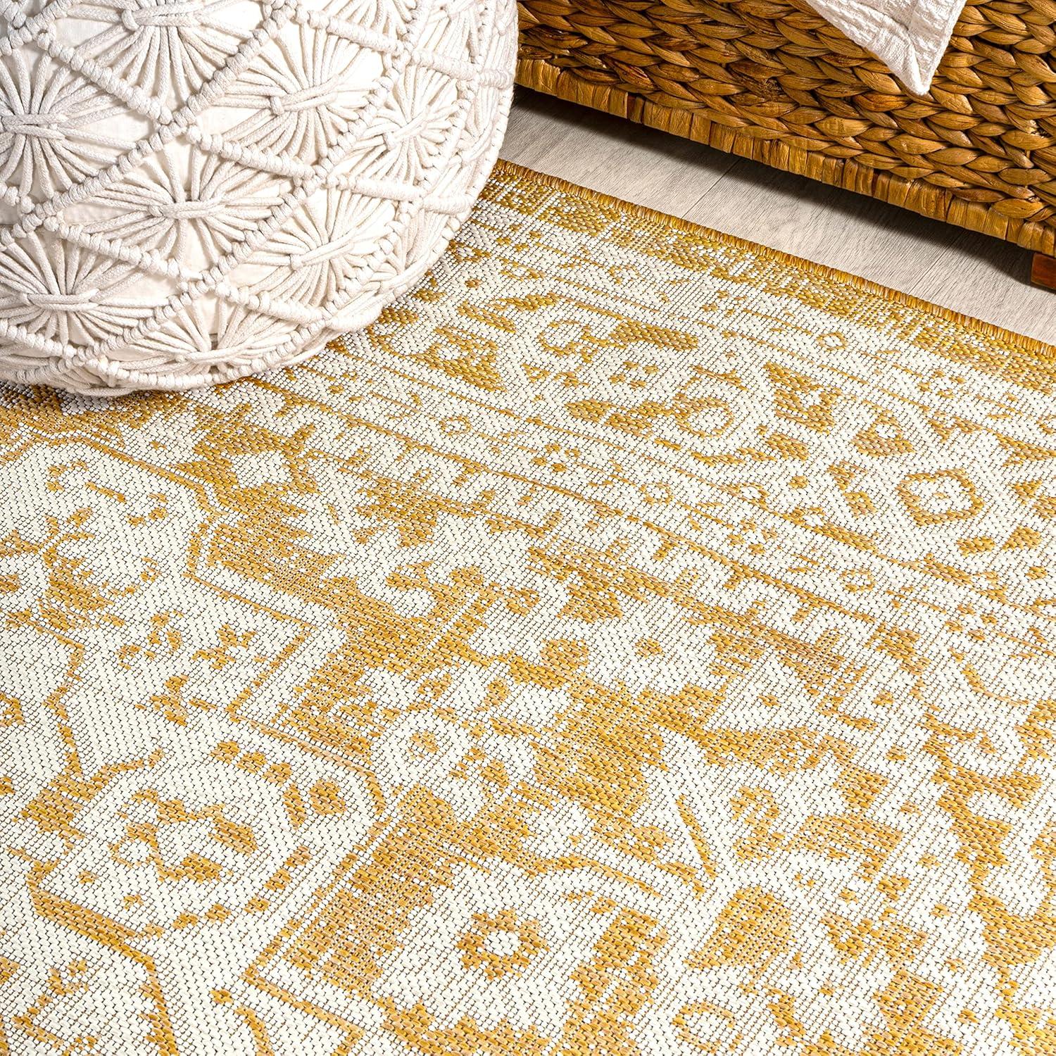 image:imageJONATHAN Y Medallion Weave Indoor Outdoor Round Area Rug 5 Ft YellowCream Sinjuri Textured for Backyard Patio Porch EasyCleaning High Traffic PetFriendly NonShedding SMB101I5RYellowCream